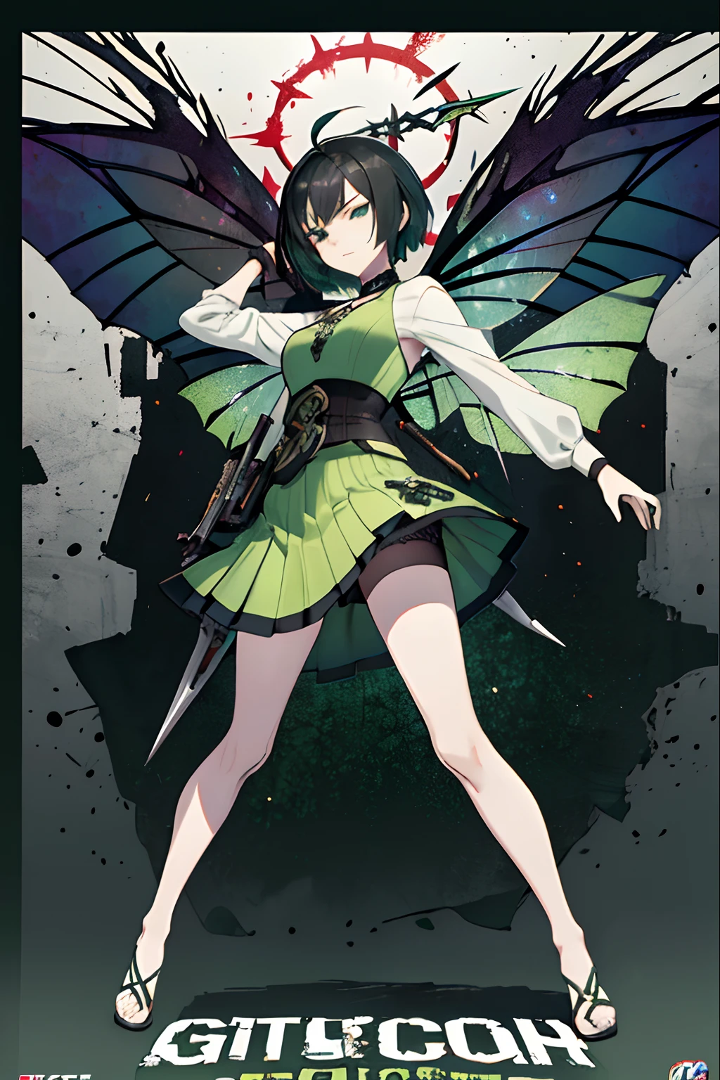 ((((dramatic))), (((gritty))), (((intense))) film poster, ((Best Quality)) ((Masterpiece)) 1girl, 19 year old, black hair, pixie bob haircut, flirty smirk ((( light green fairy  straplessdress ))) (((mini skirt))) ((( upskirt ))) ((slender)) (busty) ((sexy dress)) 6 and a half heads full body The color palette is mainly dark with splashes of vibrant colors, giving the poster a dynamic and visually striking appearance,tachi-e