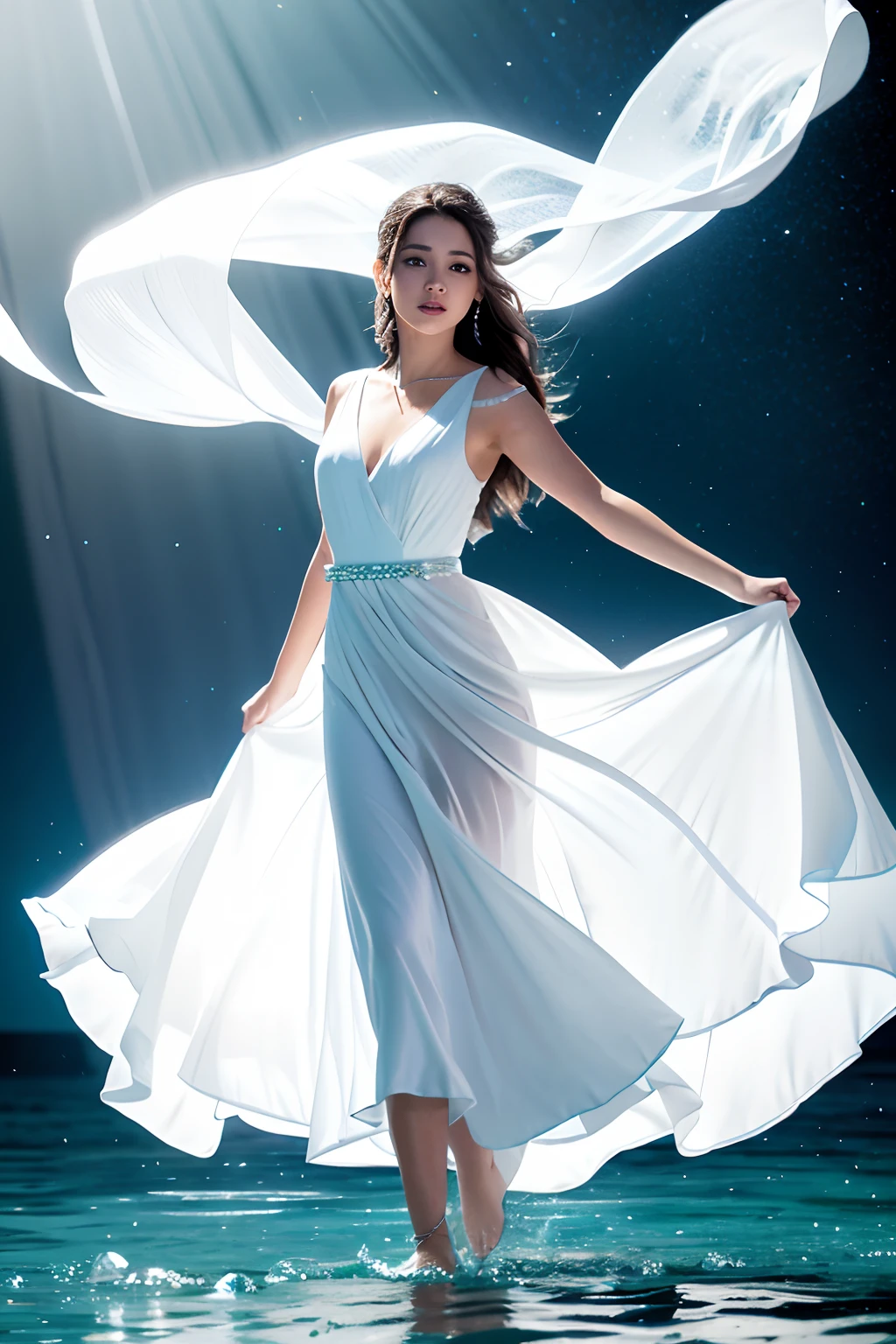 Beautiful woman in white dress standing in sea water with flowing dress, barefoot, rosto iluminado, olhos iluminados, pale skinned, deusa, pegue a chave, de colar de diamante, Pearls in water, a noite, starly sky, sky with galaxy, lua cheia no fundo, Como uma deusa, walking on water, mulher iluminada, blue water, wearing a white flowing dress, white flowing dress, she is floating in the air, flowing white robes, tiptoes, Flowing dress, lindo vestido branco longo longo, Wearing a flowing dress, flutuando no ar, vestido branco longo, Pose flutuante elegante, cabelo flutuando ao vento, Girl in white dress dancing, mistic, Magic, realista, chocante, Escuro, Dramatic, Espiritual, mystery, deusa