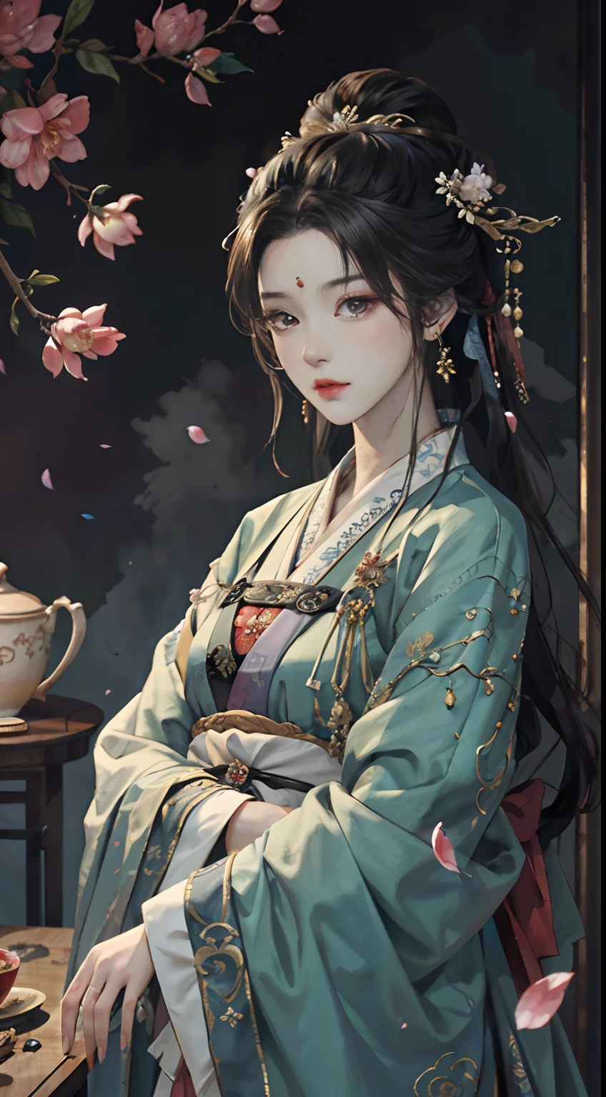Original,(illustratio:1.1),(best qualtiy),(tmasterpiece:1.1),(the Extremely Detailed CG Unity 8K Wallpapers),(a color:1.2),goddes,Bust,ancient costume,best qualtiy,Extremely detailed jewelry,Plum petals,scenecy,rios|Wagas,Hanfu,Understated luxury has connotations