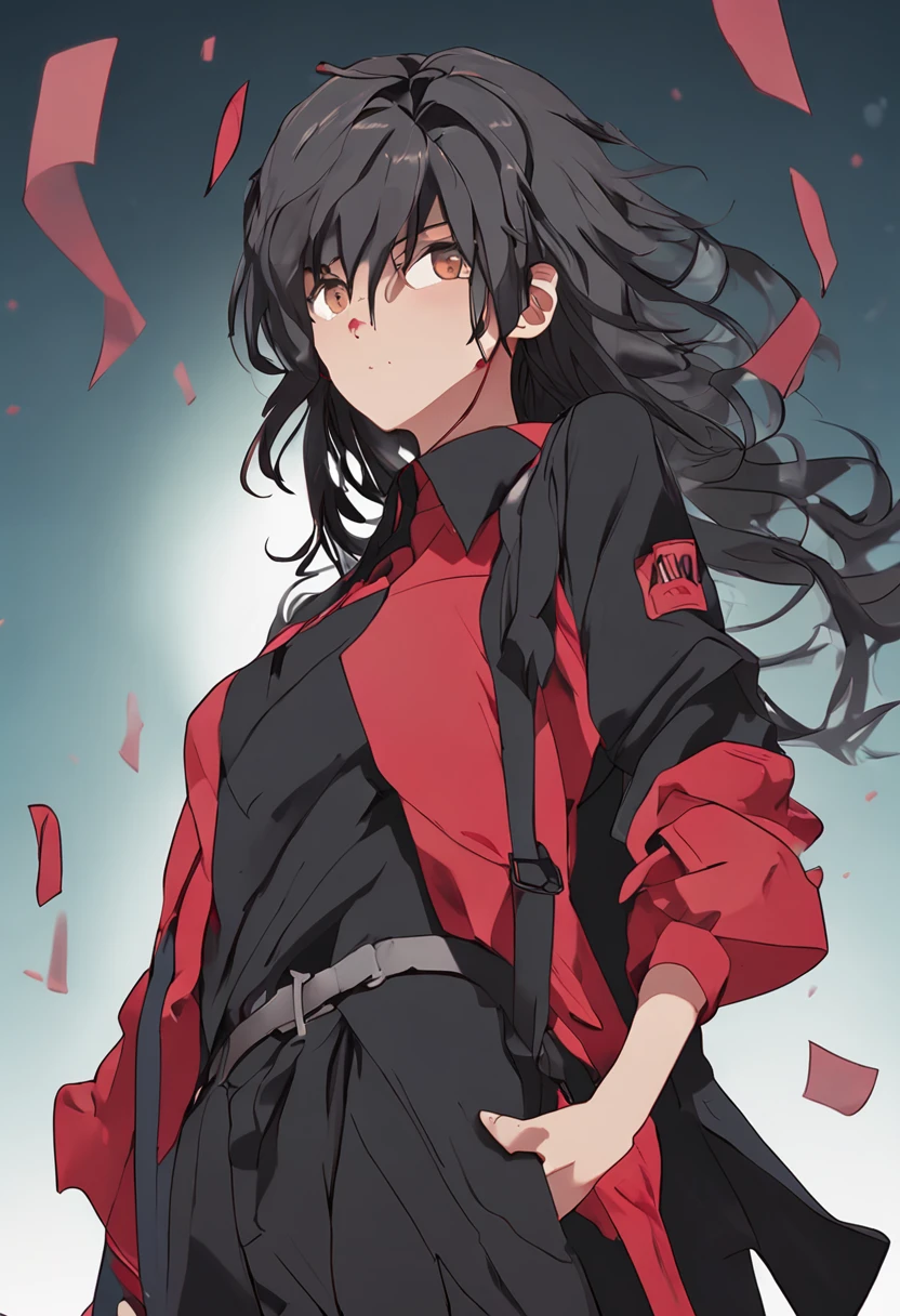 Crea un hombre motero, Arte del anime, Black vest with brown shirt underneath, Arte Anime Cabello largo y negro, red neckerchief, stick with nails on the back