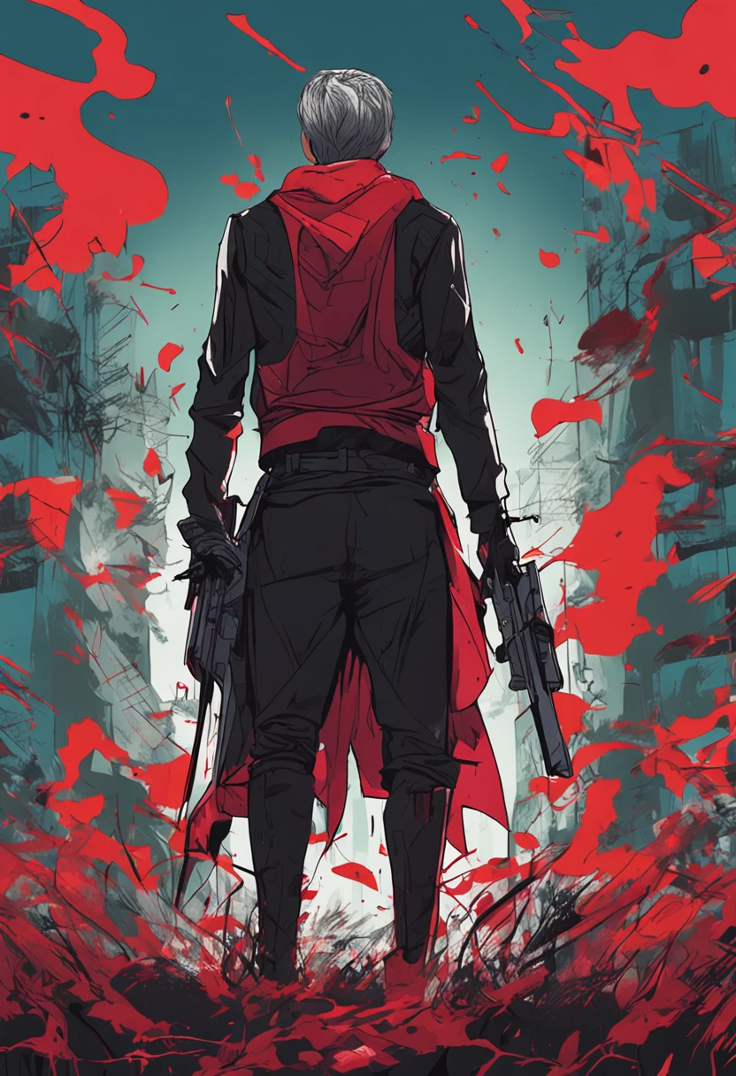 Crea un hombre motero, Arte del anime, Black vest with brown shirt underneath, Arte Anime Cabello largo y negro, red neckerchief, stick with nails on the back
