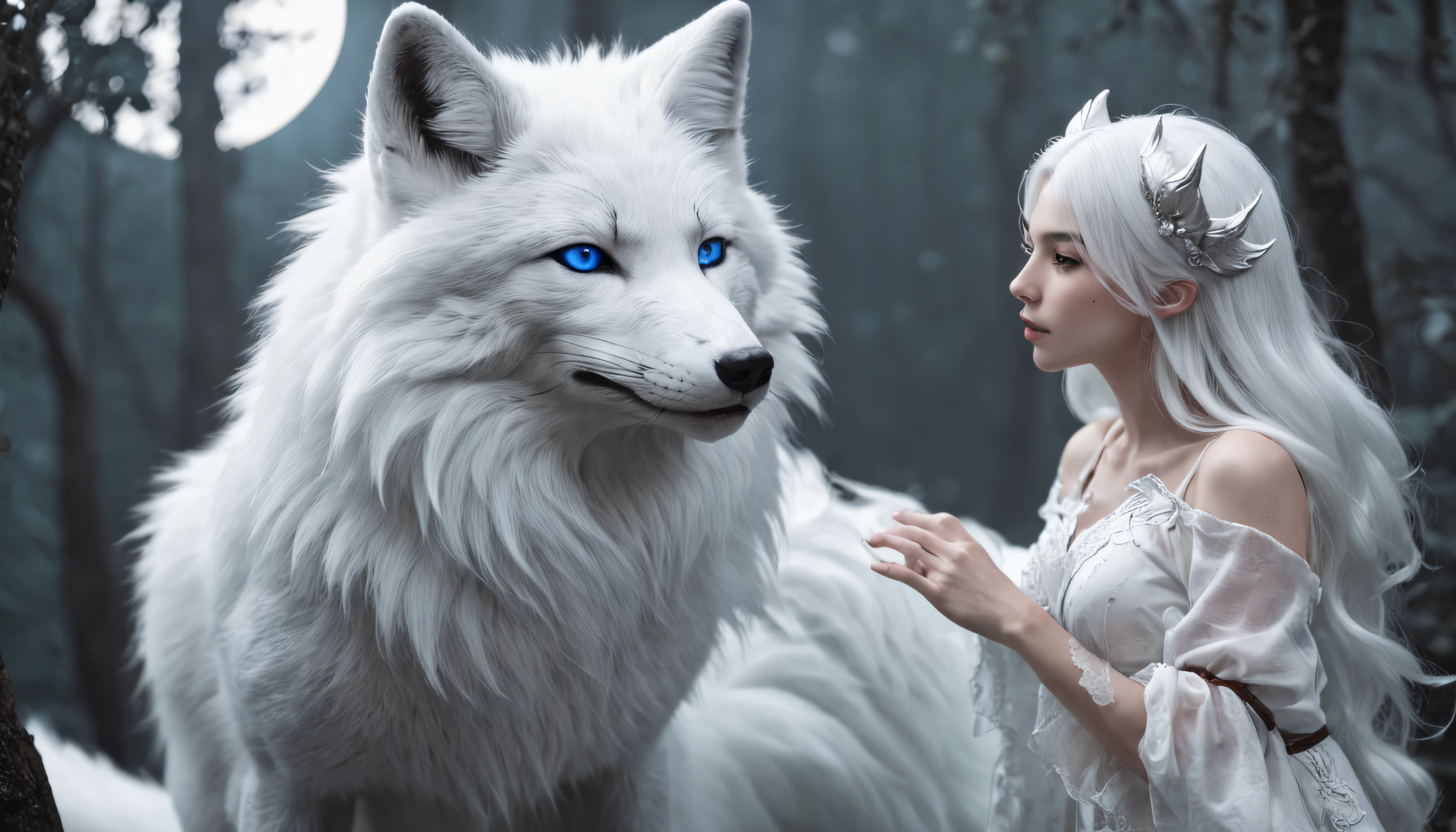 (Next to the anime girl with white fur fox ears before the full moon is a huge white nine-tailed fox:1.5), fantasy fox love, White-haired fox, white fox anime, Anime fantasy illustration,(dark forest background,Blue transparent smoke surrounds:1.8), art of silverfox,Best quality, Masterpiece, 超高分辨率, (photograph realistic:1.4), ultra-realistic realism, Dream-like,fusionart, Shadowdancer, shadow magic, Darkness, stealth, shadowstep, umbral spells,