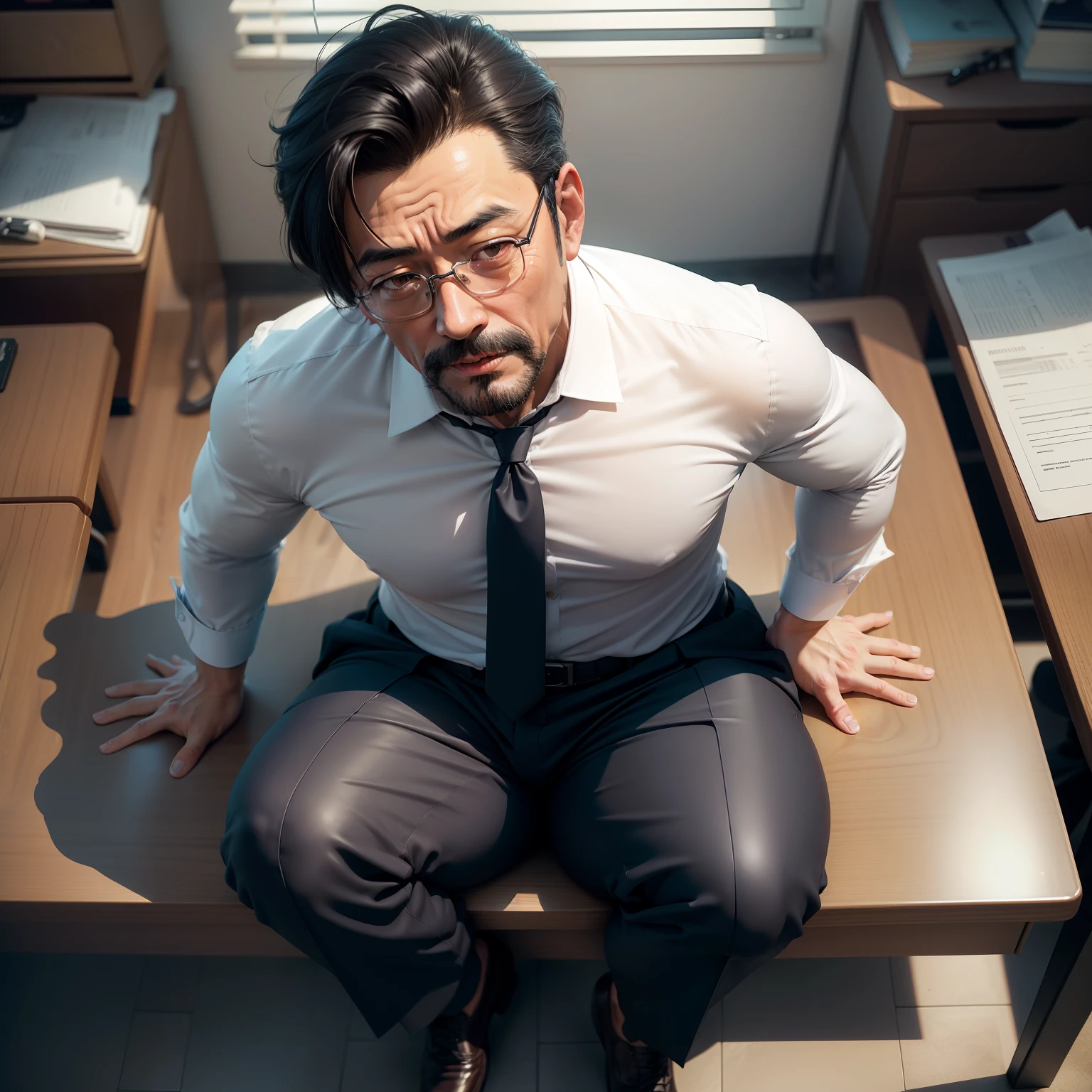 age 55,Kogoro Mouri,uncle,Tong,Bulge,Sitting in the office,Black short stockings,Slip leather shoes,lbeard,fortitude,k hd,artwork of a,an look of enjoyment,is shy,opening legs,wear suit,The crotch has columnar protrusions,God perspective,trouser,There is a milky translucent liquid on the pants,Top view , expression of ecstasy/orgasmc(Milky translucent mucus)