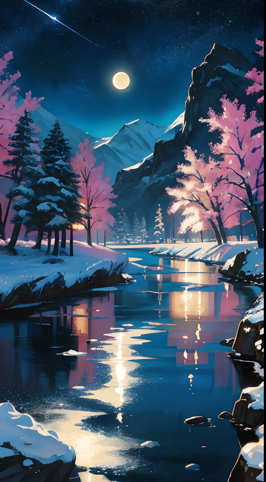A painting of a river with stars and moon in the sky, concept art inspired by Tosa Mitsuoki, pixiv contest winner, best quality, fantasy art, beautiful anime scene, a bright moon, moonlit starry environment, dream painting, Anime Background Art, Fantasy Landscape Art, Fantasy Night, Anime Background, Background Artwork, Fantastic Art, Atmospheric Anime, Starry Sky, Detail Enhanced.