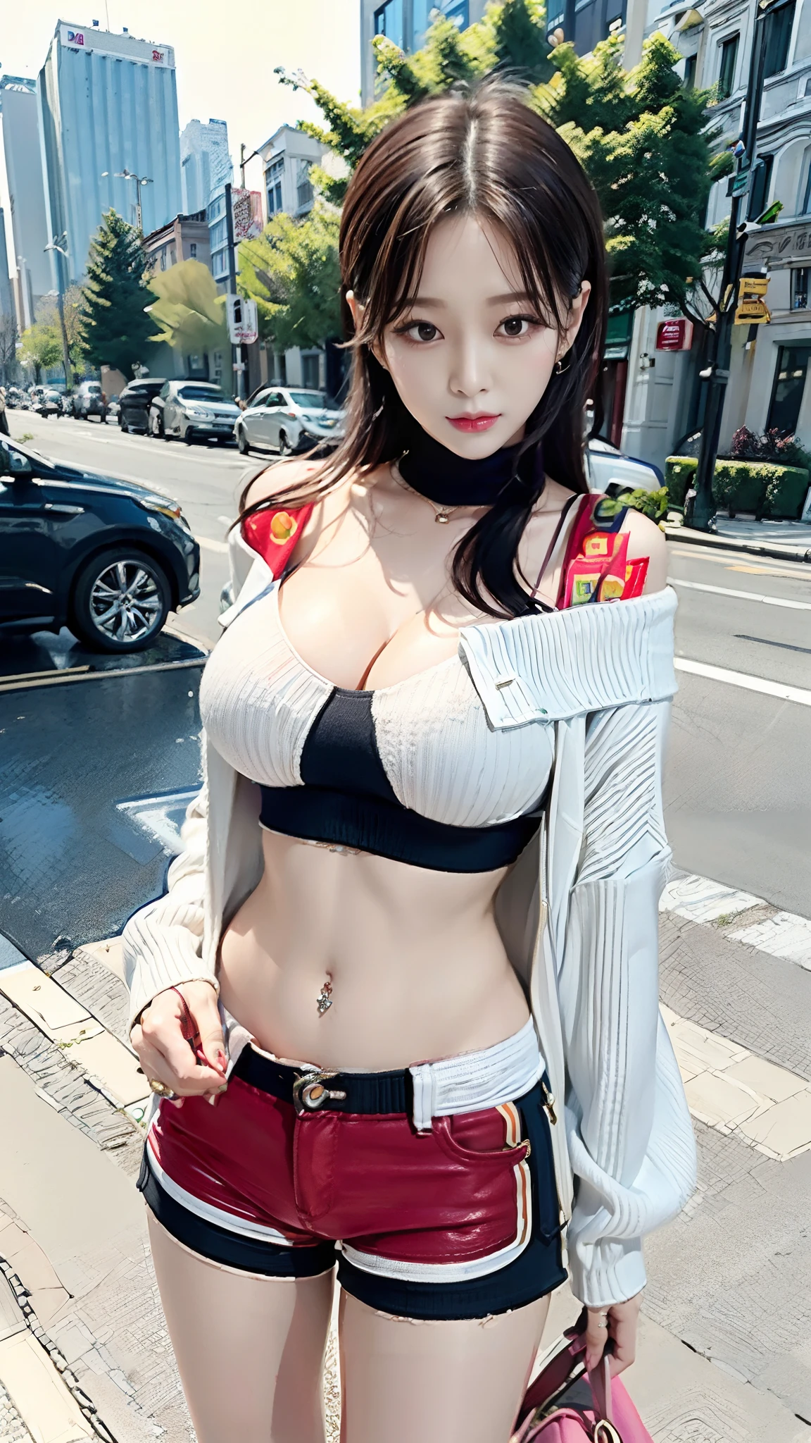 (best quality, masterpiece:1.4), realistic, detailed skin, pov, looking at viewer, (street, city:1.2), 1 girl, (korean mixed, kpop idol:1.2), pale skin, (slender body, skinny thighs:1.25), thigh gap, large breasts, (cleavage:1.2), (white offshoulder crop knit, very short shorts), navel