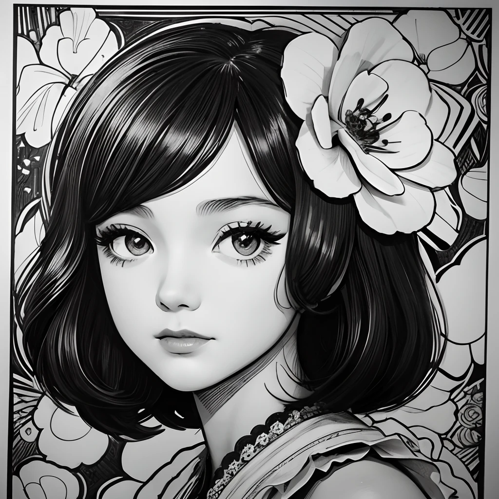 Black and white stick figure 1 girl with flowers, lots of flowers in background, loli in dress with flowers, its fine ink line art, comic style, portrait of ploynesian girl, Marilyn Munroe, Hollywood glam, beautiful line art, black and white comic style, manga style, manga art style, pencil and ink caricature drawing, black and white coloring