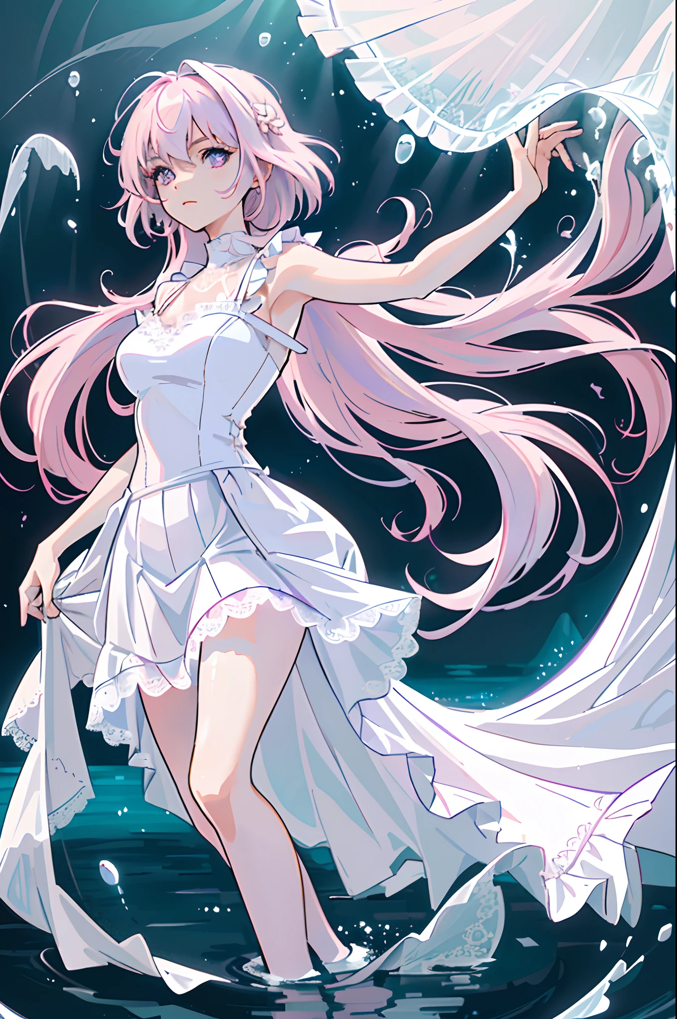 ((Masterpiece, Best quality)), (1girll), (Solo), (female focus), ( Light pink hair, Extra-long hair), Light purple eyes, ((White thin strap top),(White dress),(Lace),(Short white ruffled skirt)), (((It is surrounded by water))),((water)),standing, White background, arms back behind