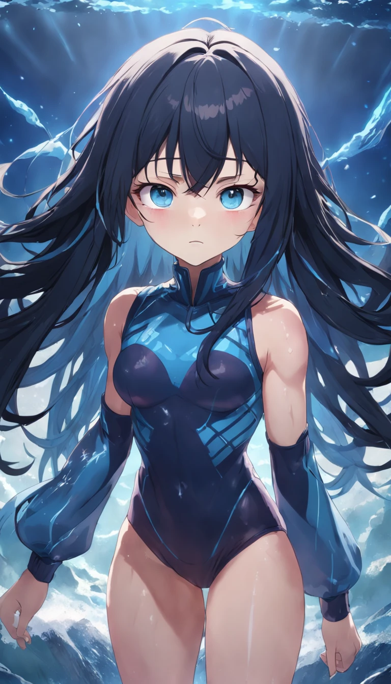 teens girl,The whole body is covered with black bandages,Sportswear in black and blue tones,Facial maturity,Handsome,blue hairs,Jellyfish head,Height 165