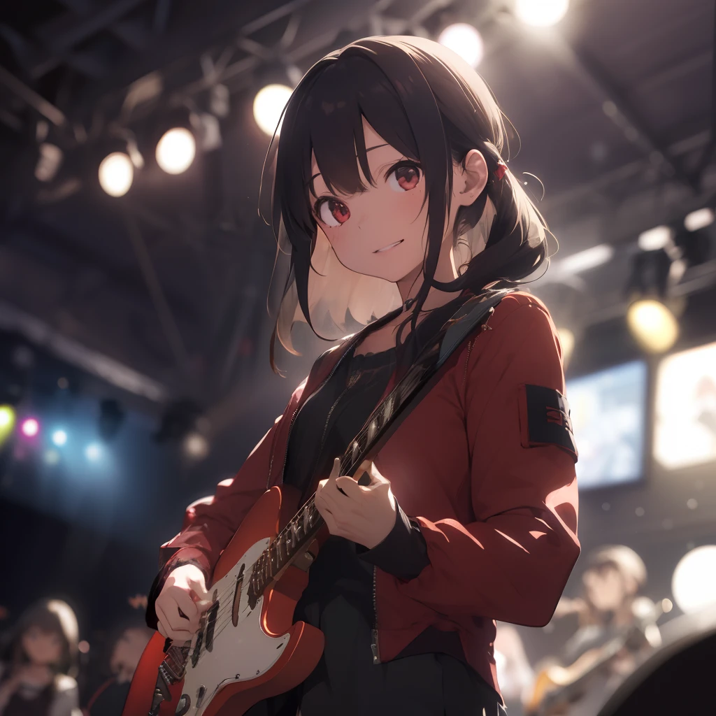 1girl in, long, electric guitars, solofocus, (depth of fields, Ambient lighting, Blurred foreground, blurry backround:1.3), Atmosphere, Light flare, intricate detailes, enhanced lighting、ssmile、Stage with the audience、portlate、Red jacket、Black shorts