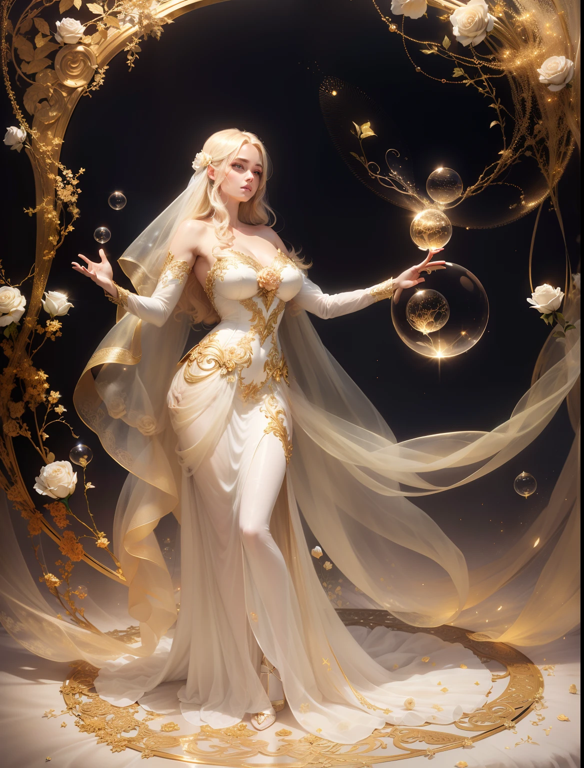 in a glass bubble beautiful blond 30-years-old angel, full body shot, long shot, beautiful perfectly defined hands, four fingers, holding a golden transparent glass bubble containing the rose of Sharon, in a glorious golden white gossamer gown, dark stary background, with white mock orange, 64k resolution hyperdetailed