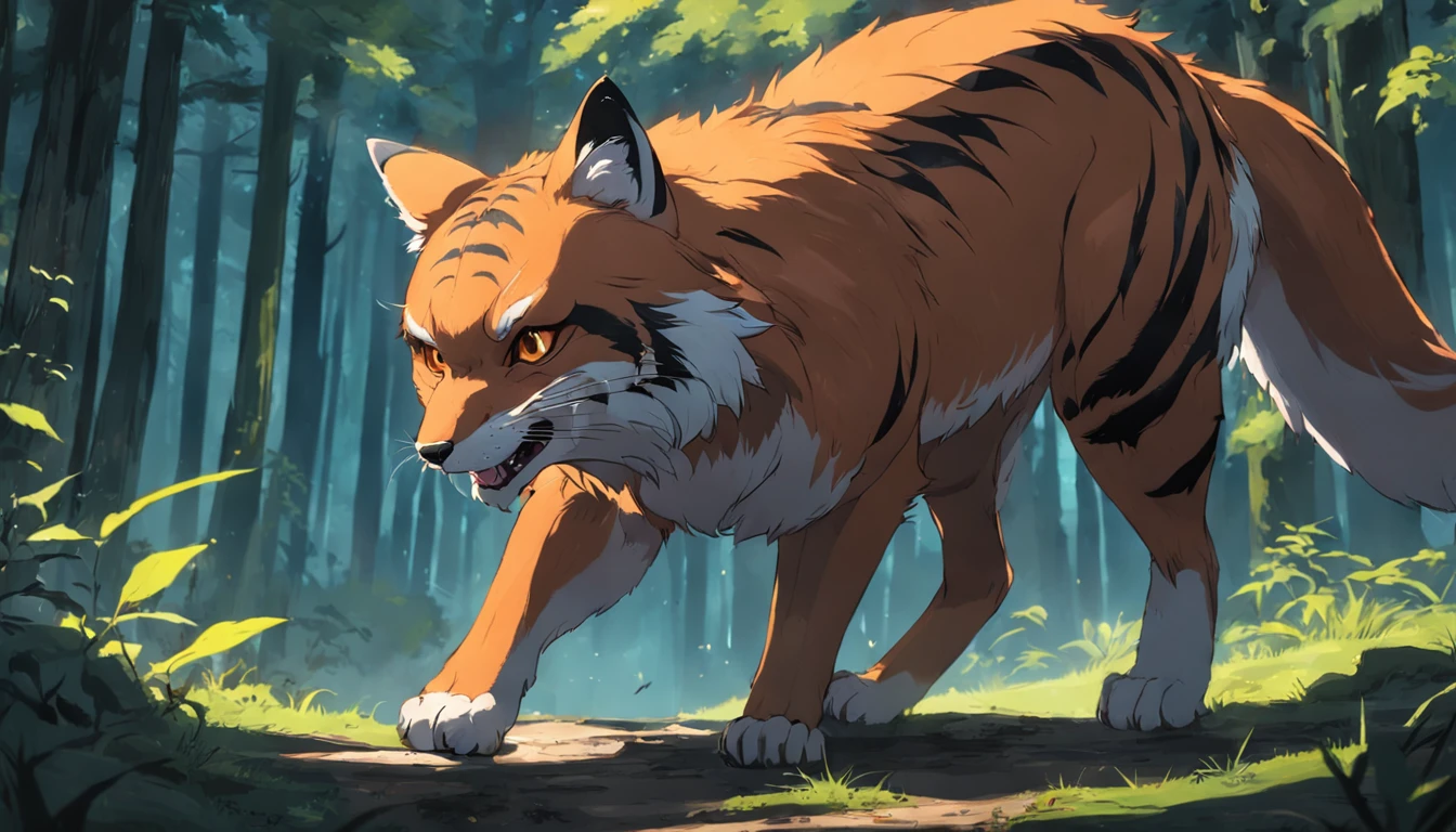 tmasterpiece, best qualityer, cinematic Film still from, A fox and a tiger, Close-up Shot Shot, The fox is ahead,The tiger is behind, Look up at the sky in the forest