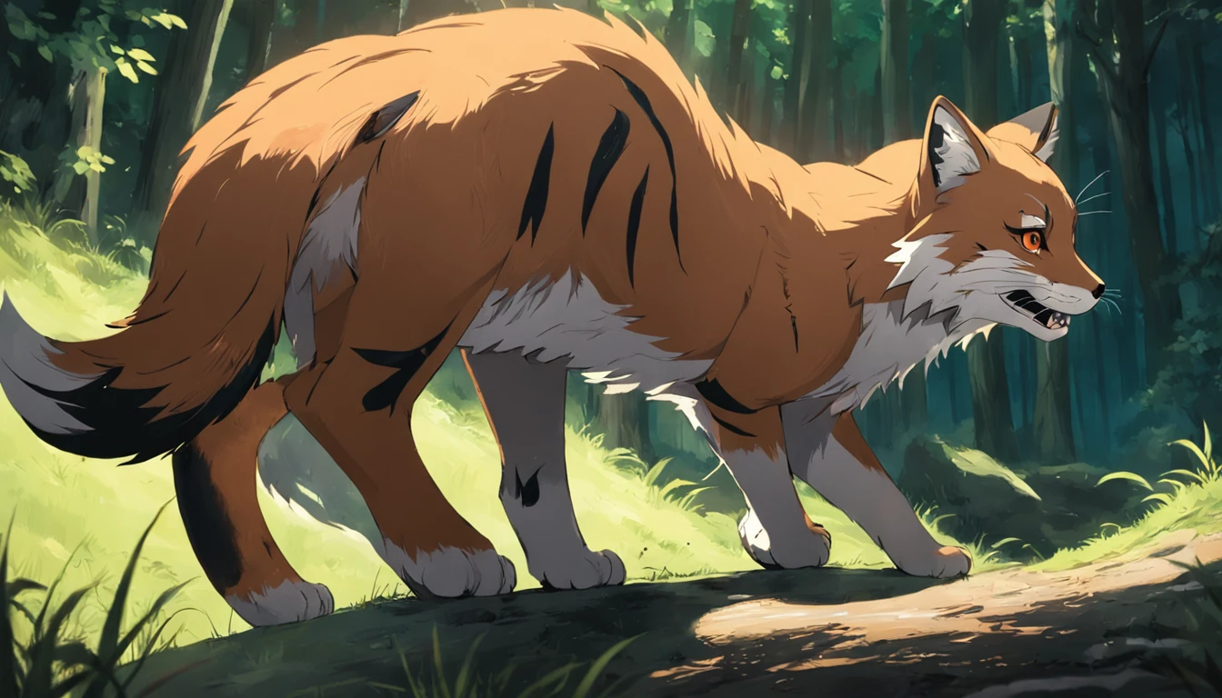 tmasterpiece, best qualityer, cinematic Film still from, A fox and a tiger, Close-up Shot Shot, The fox is ahead,The tiger is behind, Look up at the sky in the forest