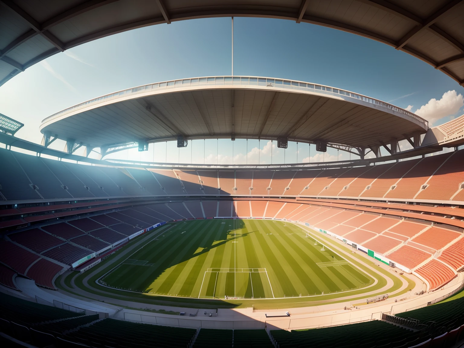 Alafid view of the stadium with green areas and skylights, Stadium, stadium setting, wide long shot, stadium landscape, completely empty, wide wide shot, in a panoramic view，Red runway