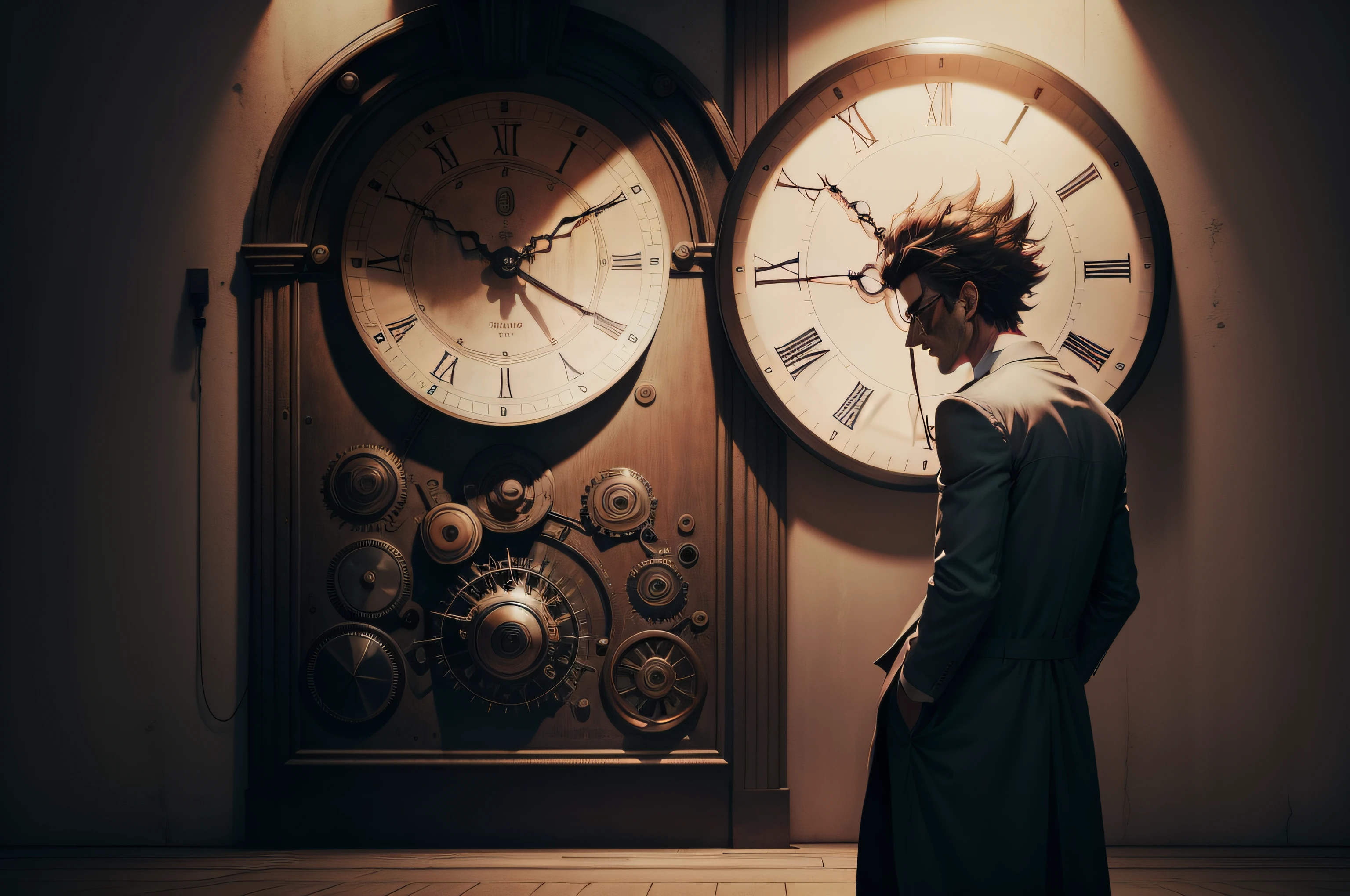 a mad scientist looking at a huge clock on the wall (front view)