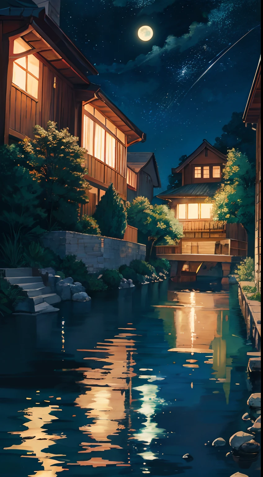 A painting of a river with stars and moon in the sky, concept art inspired by Tosa Mitsuoki, pixiv contest winner, best quality, fantasy art, beautiful anime scene, a bright moon, moonlit starry environment, dream painting, Anime Background Art, Fantasy Landscape Art, Fantasy Night, Anime Background, Background Artwork, Fantastic Art, Atmospheric Anime, Starry Sky, Detail Enhanced.