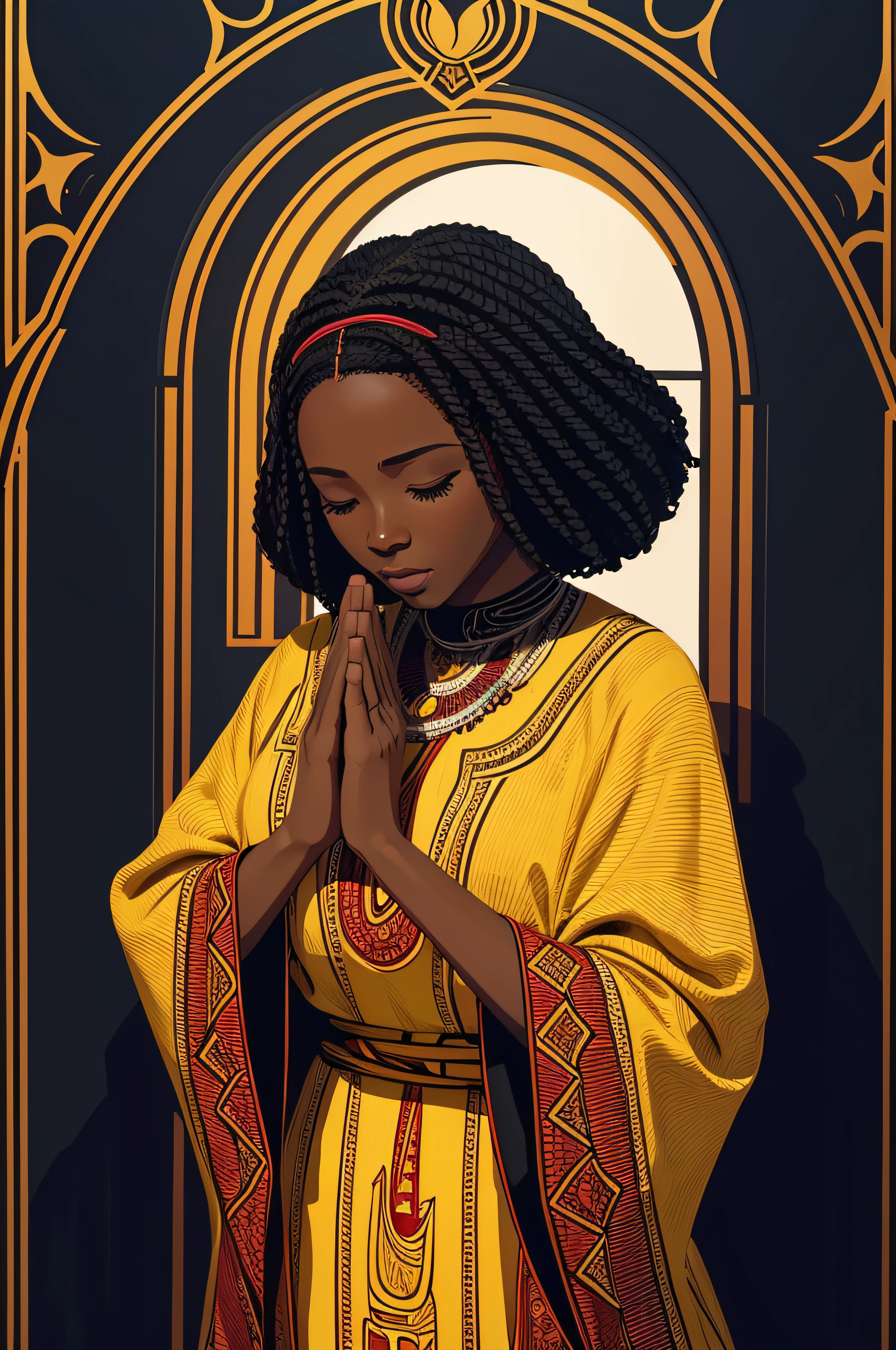 Vector illustration of African woman praying with eyes closed and beautiful praying hands, illustrator --auto