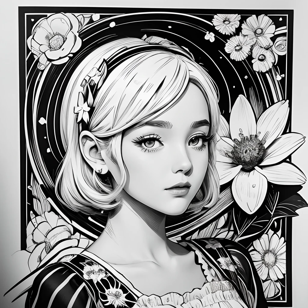 Black and white stick figure 1 girl with flowers,  lots of flowers in background, loli in dress with flowers, its fine ink line art, comic style, portrait of ploynesian girl, Marilyn Munroe, Hollywood glam, beautiful line art, black and white comic style, manga style, manga art style, pencil and ink caricature drawing, black and white coloring
