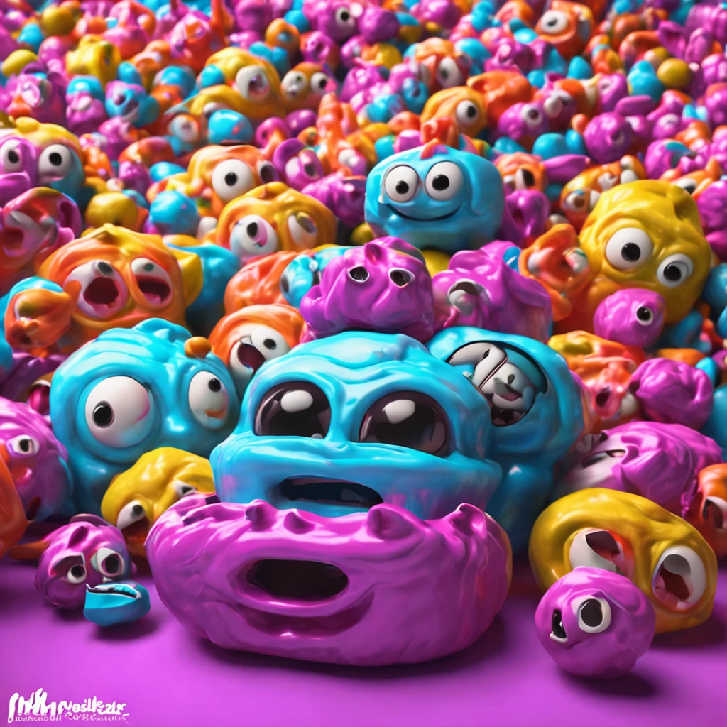 melhor qualidade, master part, ultrahigh-resolution, (fotografia realista:1.4), cena de um filme de terror baseado no jogo Candy Crush, monstros feitos de doce, cena horripilante, dentes e olhos assustadores, pessoas sendo devoradas por doces