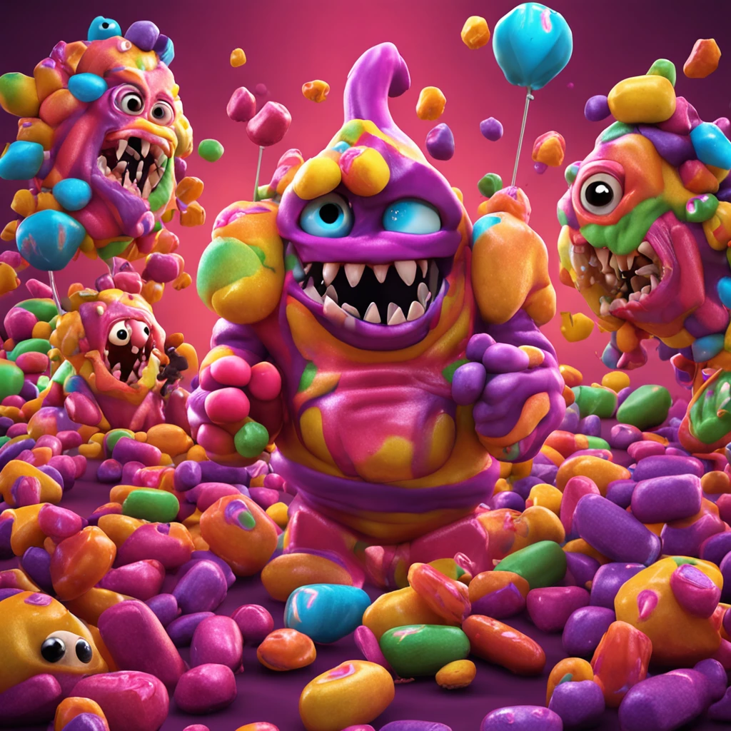 melhor qualidade, master part, ultrahigh-resolution, (fotografia realista:1.4), cena de um filme de terror baseado no jogo Candy Crush, monstros feitos de doce, cena horripilante, dentes e olhos assustadores, pessoas sendo devoradas por doces