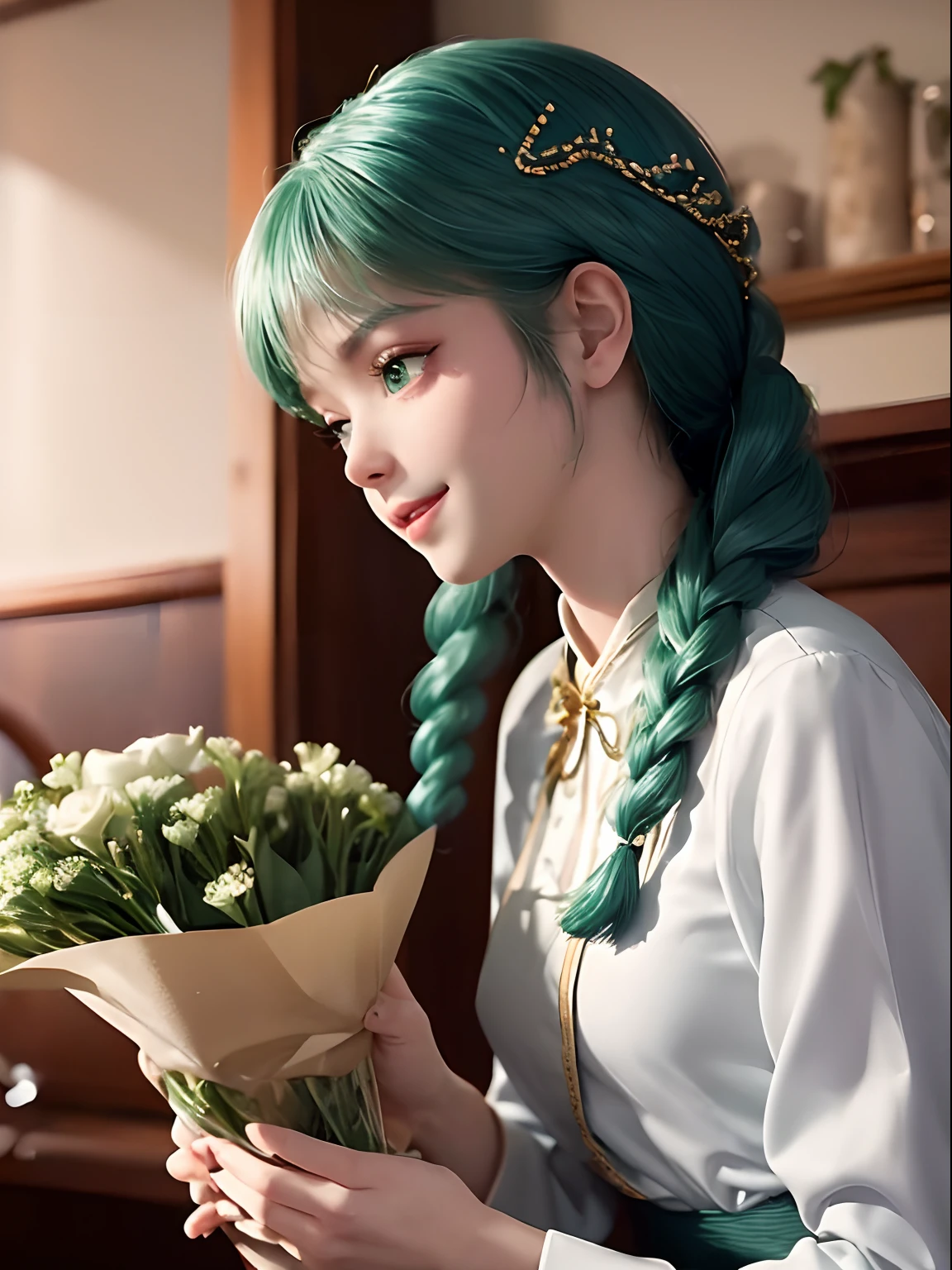 8k, Perfect human body, Real person, Photorealistic, RAW photo, Real human face, Real human face skin, 17yearsold, tall girl, small breasts, slim body, (looking at the camera with pure love eyes), cute look, showing the whole body, up do hair- green, no makeup, beautiful white skin, real human green cute eyes, cute face, movie lighting, no makeup, beautiful white skin, working at the flower shop, making a bouquet, wearing a staff uniform with a navy blue apron and a white button-up shirt, and serving with a shy smile,