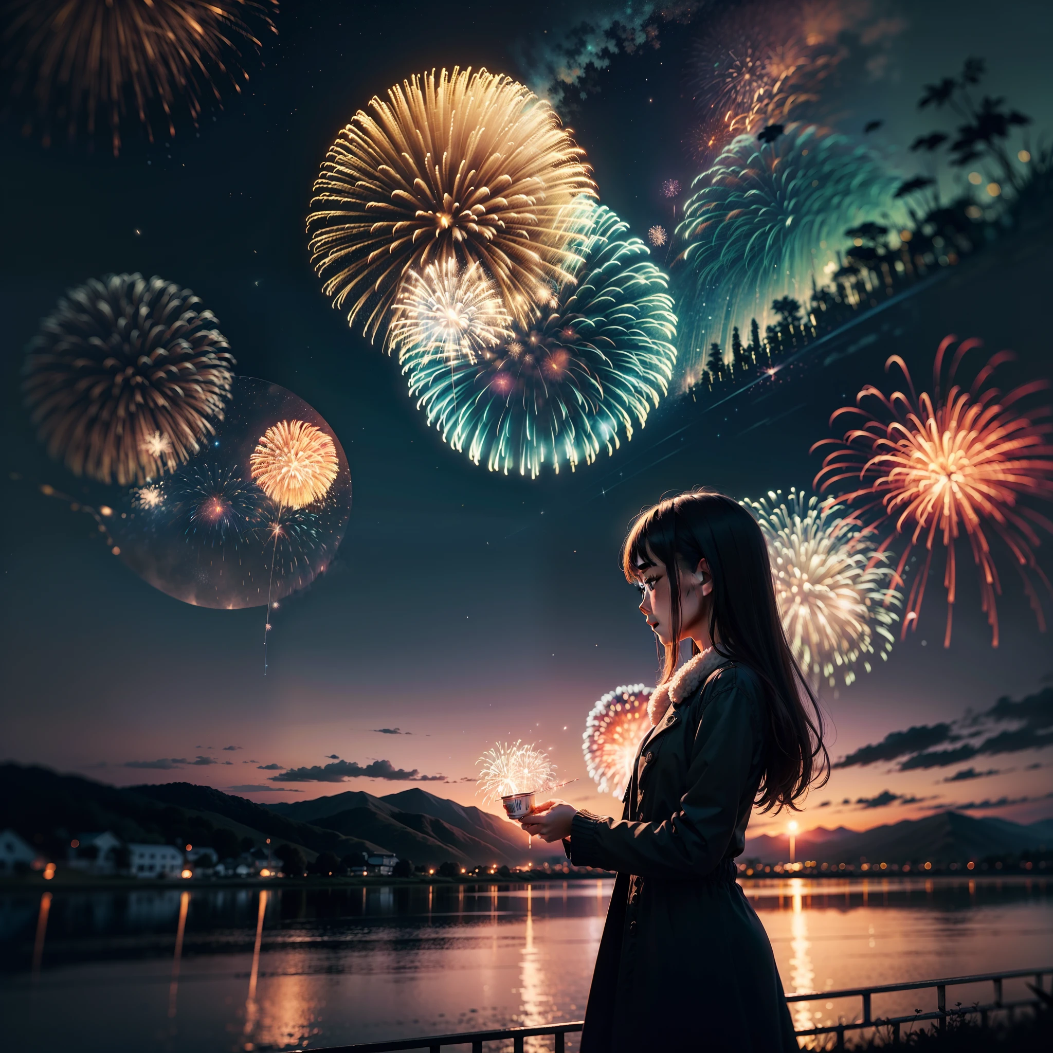 Night sky with fireworks, With Van Gogh starry night painting style, Rolling hills in the background, Fireworks。One of the girls loomed