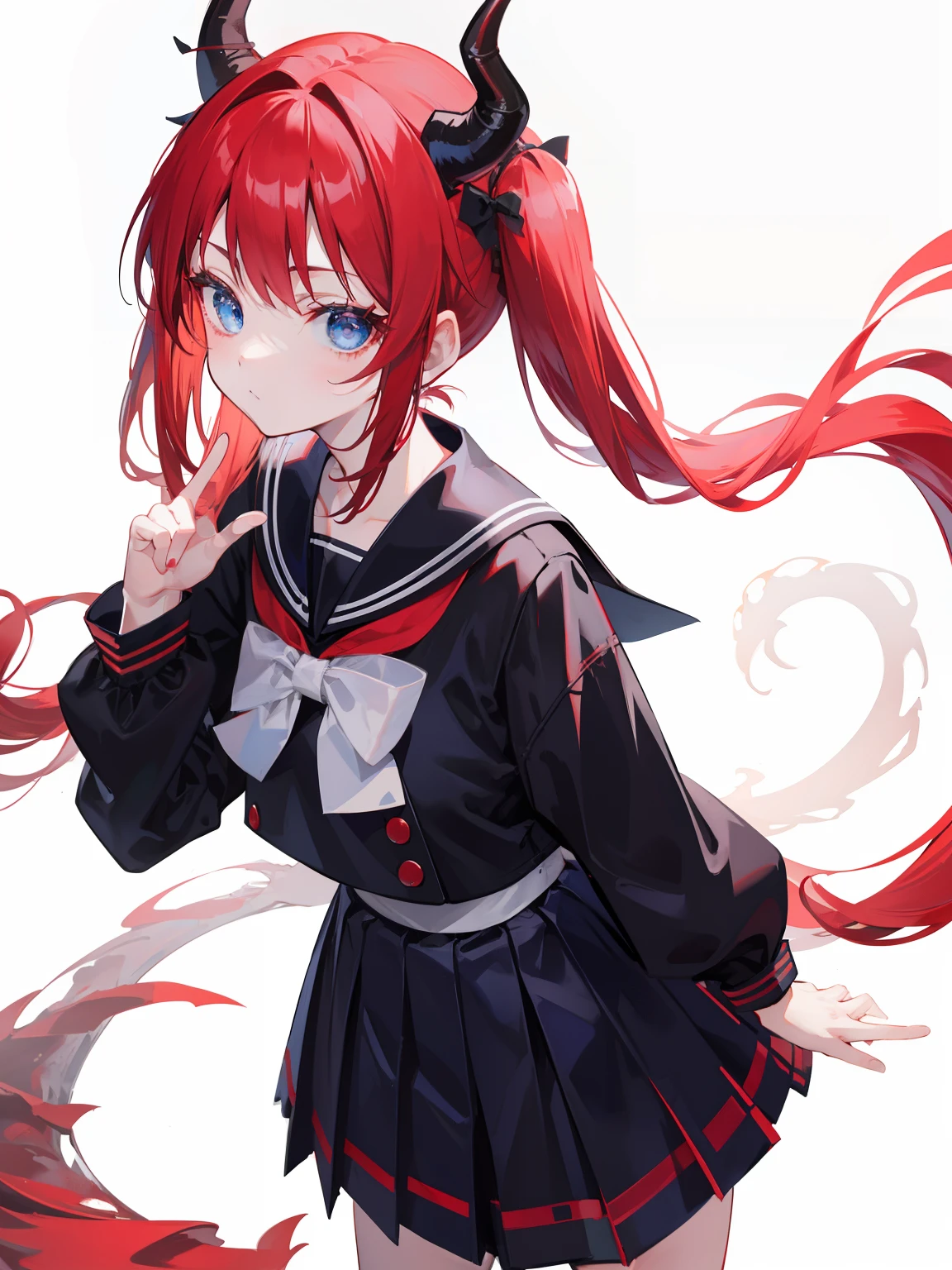 red hair, blue eyes, twintails, Sailor suit,black coat, Dragon horns,Pleated skirt,solo,loli,cute,bow
