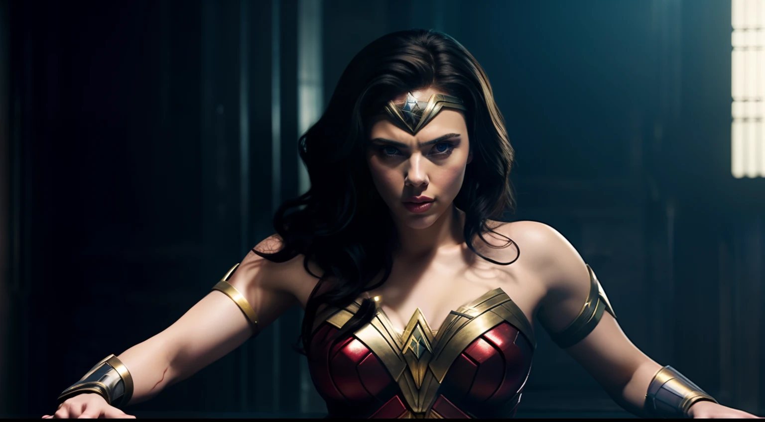 Scarlett Johansson portraying Wonder Woman in a classic combat pose.