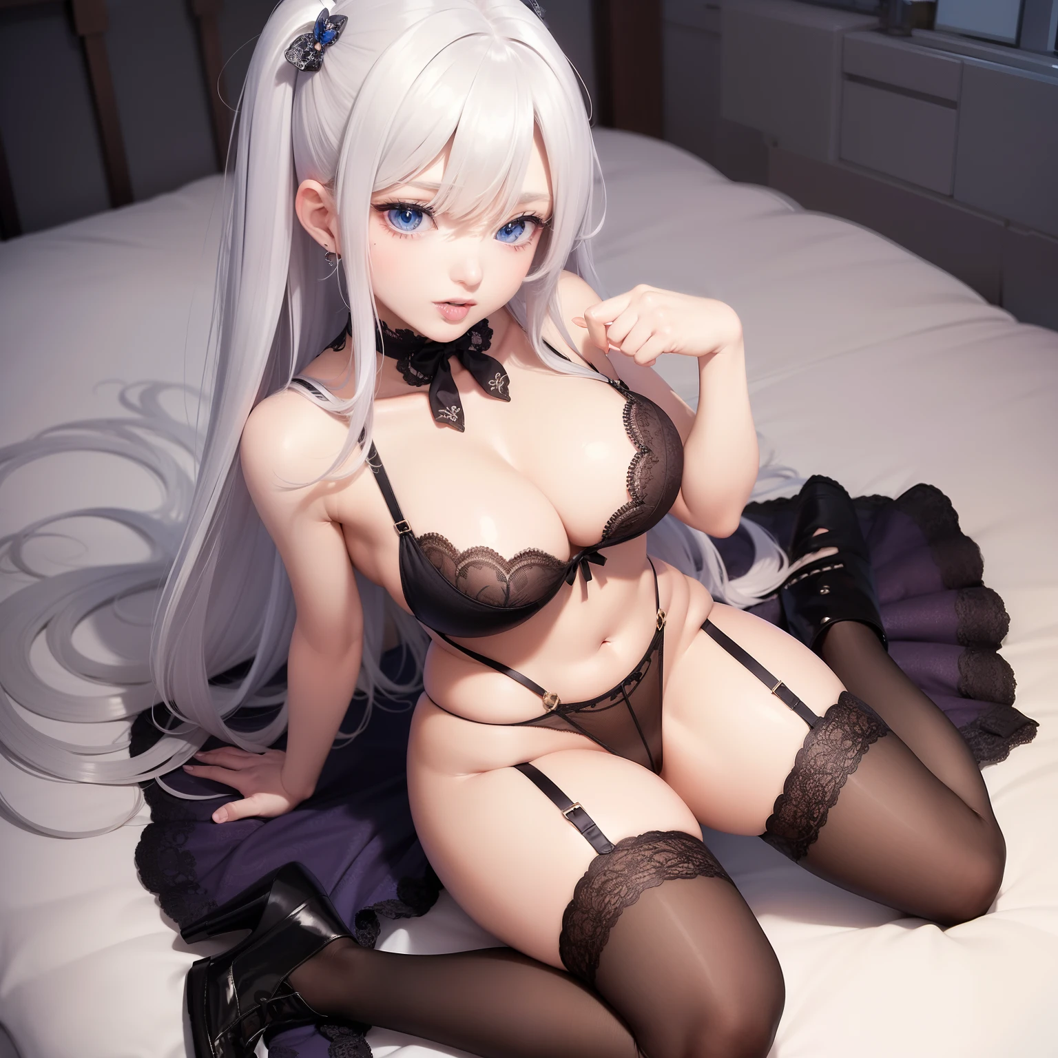 from above, tongue out and mouth open, face up, sit astride, straddling, wariza, yokozuwari, super high image, super detail, super high resolution, anime, manga, illustration, black knee high socks, thighs, light purple lace bra and panty, thong, skimpy bottom, lace babydoll dress, garter belt, lingerie, intelligent beauty, white glossy short wavy flowing layered messy hair, blue big sparkling eyes, red alluring moist lips, make up, ecstatic expression, amorous expression, seductive look, large breasts, under boob, side boob, great proportion, perfect proportion, slender, full body, armpit
