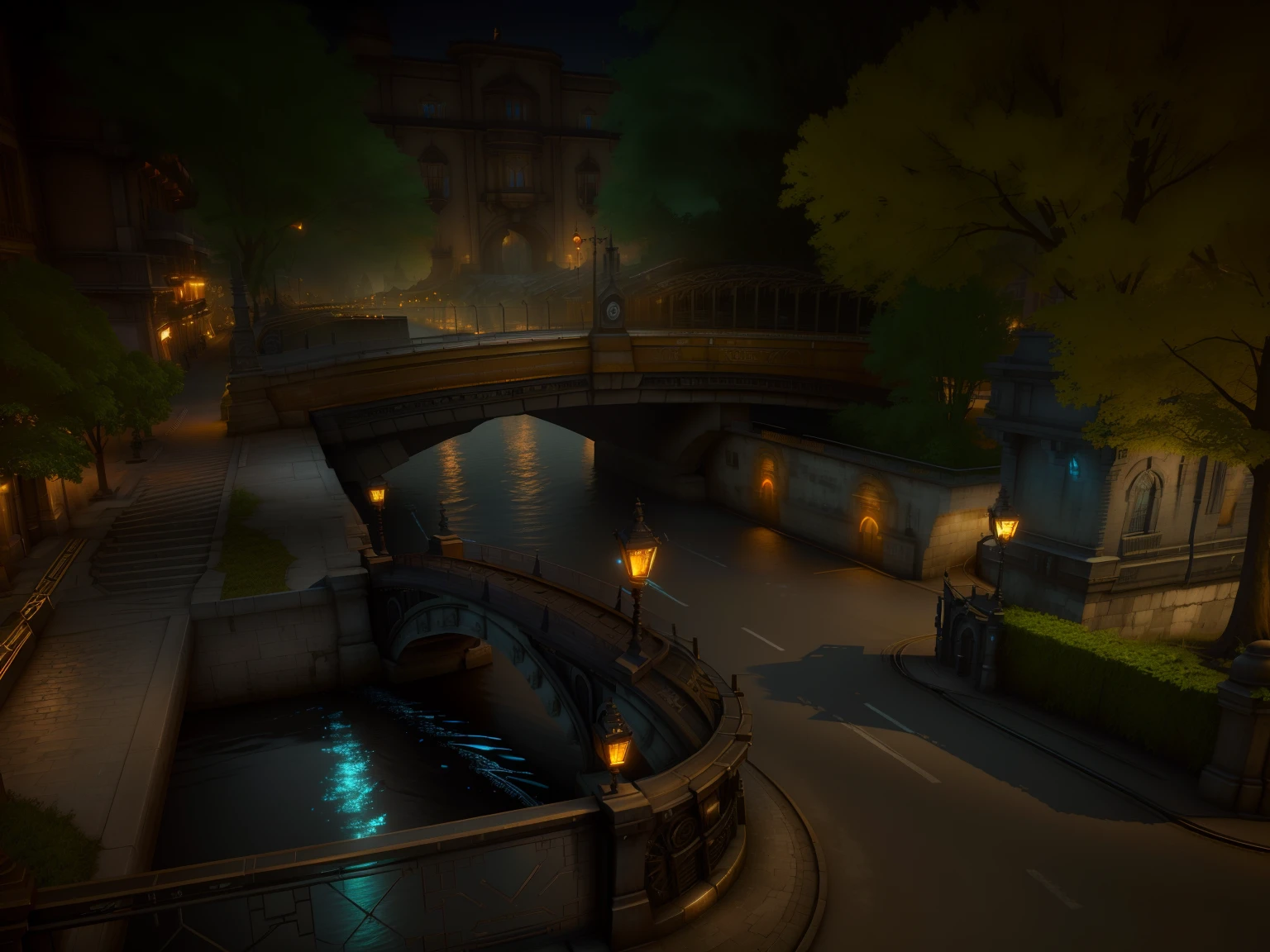 a closeup of a bridge with a building lit up in the background, night time render, urban fantasy setting, outdoors at night, dieselpunk setting, cena 3d complexa, ambiente altamente detalhado, captura de tela impressionante, Lothlorien at night, Gaslight Fantasy Capital City, bela captura de tela, Ambiente 3D, steampunk setting, renderizado em unreal 3 d