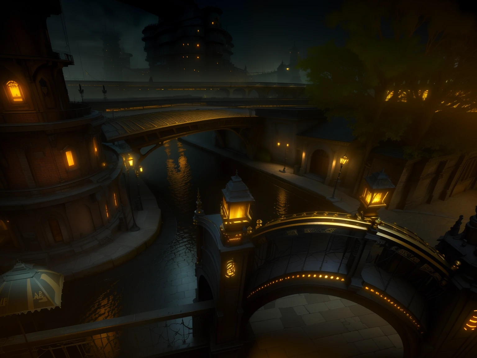 a closeup of a bridge with a building lit up in the background, night time render, urban fantasy setting, outdoors at night, dieselpunk setting, cena 3d complexa, ambiente altamente detalhado, captura de tela impressionante, Lothlorien at night, Gaslight Fantasy Capital City, bela captura de tela, Ambiente 3D, steampunk setting, renderizado em unreal 3 d