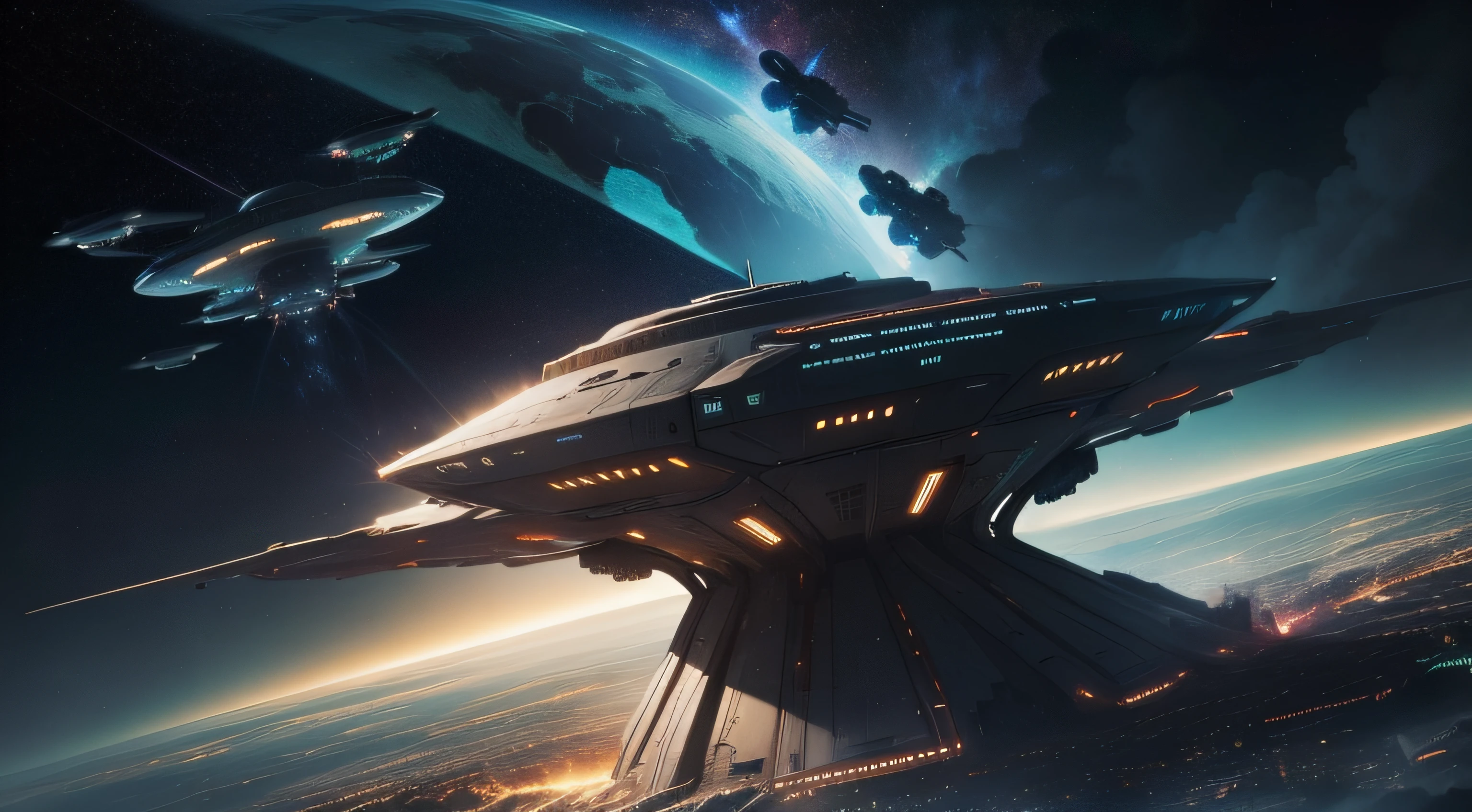 Countless spaceships stayed over the city，Attack cities on the ground，interstellar war，A clash of extraterrestrial civilizations，sci-fy，The city of the future