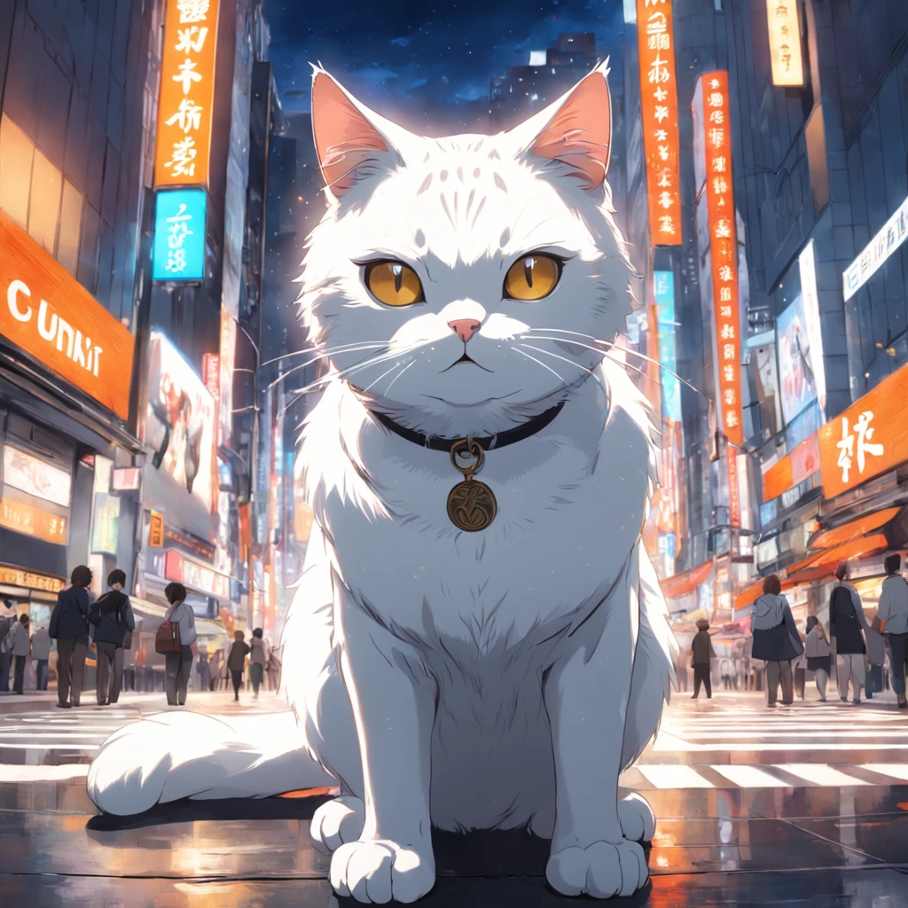 Un gato blanco++ haciendo una pose de gato, Ultra High Definition and Ultra High Resolution, ciudad en el fondo, paso de cebra, Luz roja, Tokio, Cruce de Shibuya, Concurrido