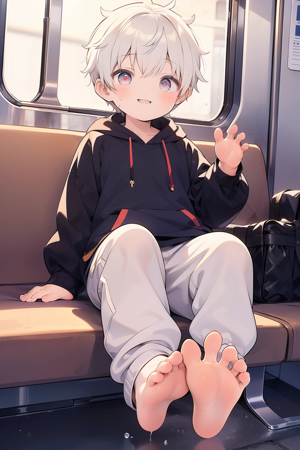 Masterpiece, chubby  boy with golden hair and shiny bright red eyes and barefoot wearing a hoodie, and oversized sweatpants sitting in a train, young, boy, child,l, toddsoft lit, (sweatpants:1.4), (Boy:1.4), (Shota:1.4), (Young:1.4), (Male:1.4), (smiling:1.4), (foot:1.4), (shy:1.4),