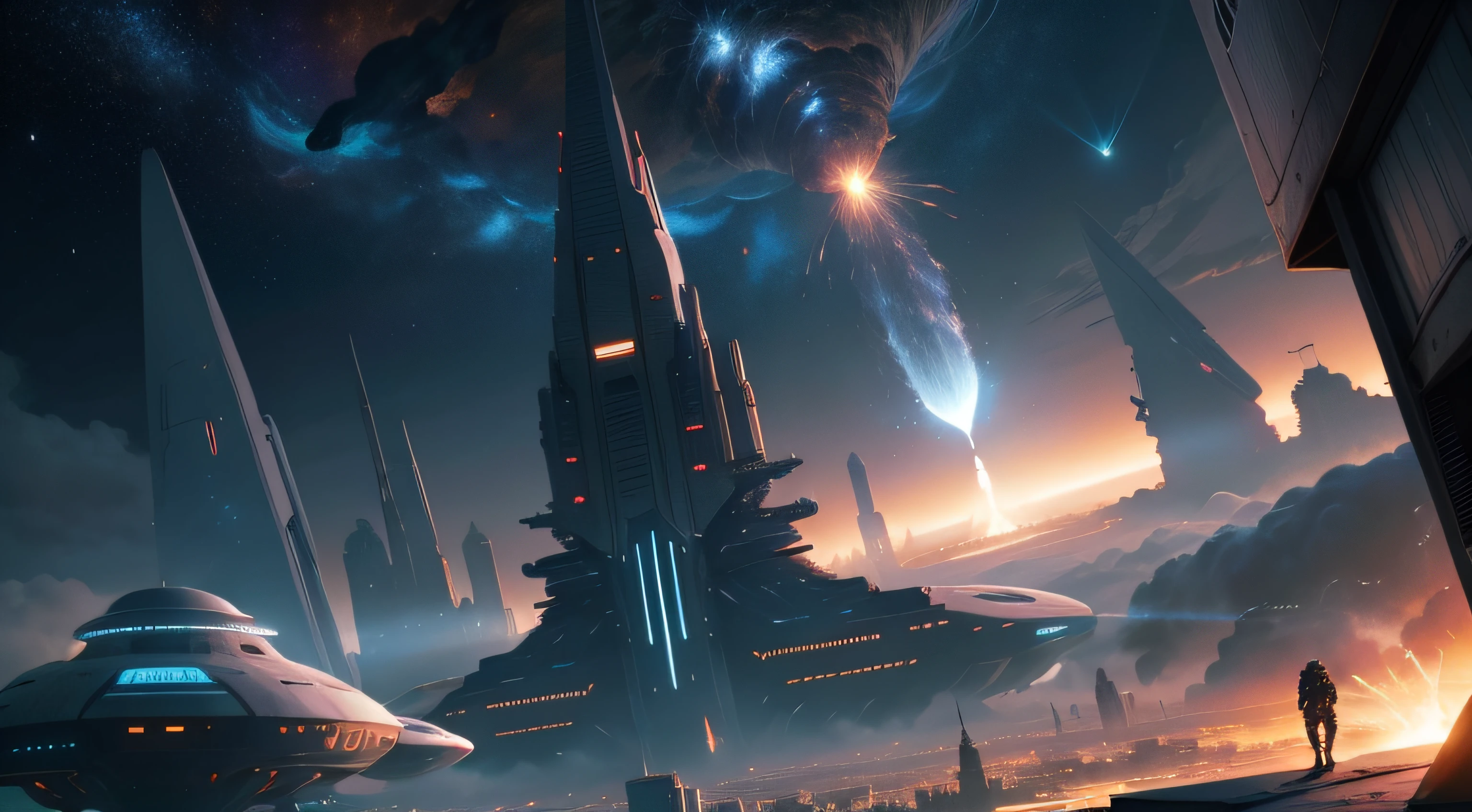 Countless spaceships stayed over the city,Attack cities on the ground,interstellar war,A clash of extraterrestrial civilizations,sci-fy,The city of the future