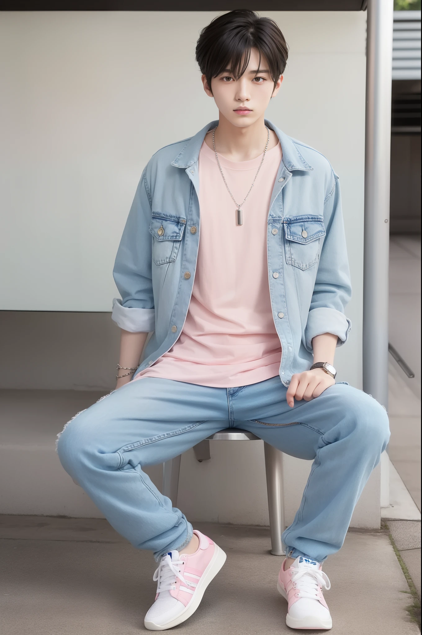 Casual style portrait of 20 year old Japan male idol、For spring-summer。UNIQLO pastel pink t-shirt、Pale blue lip jeans、Adidas White Sneakers、Wearing a silver chain necklace。Look young々Or、It's trendy。Hairstyle is medium length and wavy look、With a light hold、It gives a fresh and lively look。