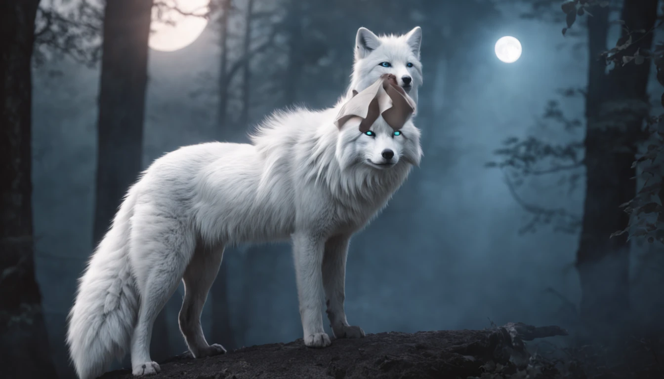 (Next to the anime girl with white fur fox ears before the full moon is a huge white nine-tailed fox:1.5), fantasy fox love, White-haired fox, white fox anime, Anime fantasy illustration,(dark forest background,Blue transparent smoke surrounds:1.8), art of silverfox,Best quality, Masterpiece, 超高分辨率, (photograph realistic:1.4), ultra-realistic realism, Dream-like,fusionart, Shadowdancer, shadow magic, Darkness, stealth, shadowstep, umbral spells,