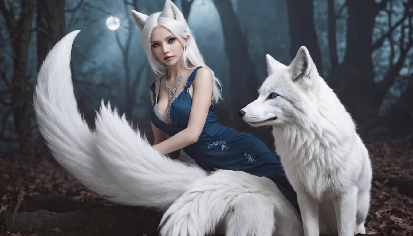 (Next to the anime girl with white fur fox ears before the full moon is a huge white nine-tailed fox:1.5), fantasy fox love, White-haired fox, white fox anime, Anime fantasy illustration,(dark forest background，Blue transparent smoke surrounds:1.8), art of silverfox,Best quality, Masterpiece, 超高分辨率, (photograph realistic:1.4), ultra-realistic realism, Dream-like,fusionart, Shadowdancer, shadow magic, Darkness, stealth, shadowstep, umbral spells,