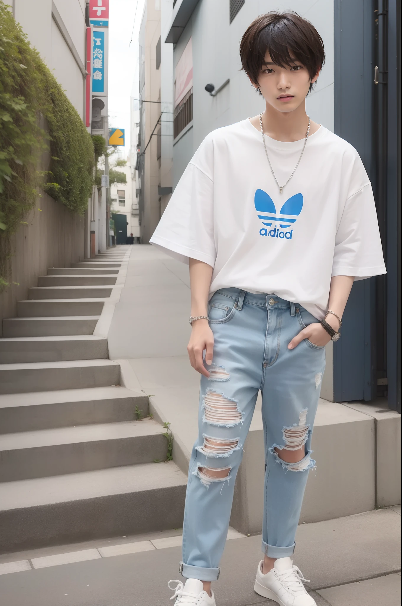 A portrait of a 20-year-old Japanese male idol in a casual style for spring/summer. Wearing a pastel pink T-shirt from UNIQLO, light blue ripped jeans, white sneakers from Adidas, and a silver chain necklace. The look is youthful and trendy. hairstyle for spring/summer. A medium-length, wavy look with a light hold, giving a fresh and lively appearance.