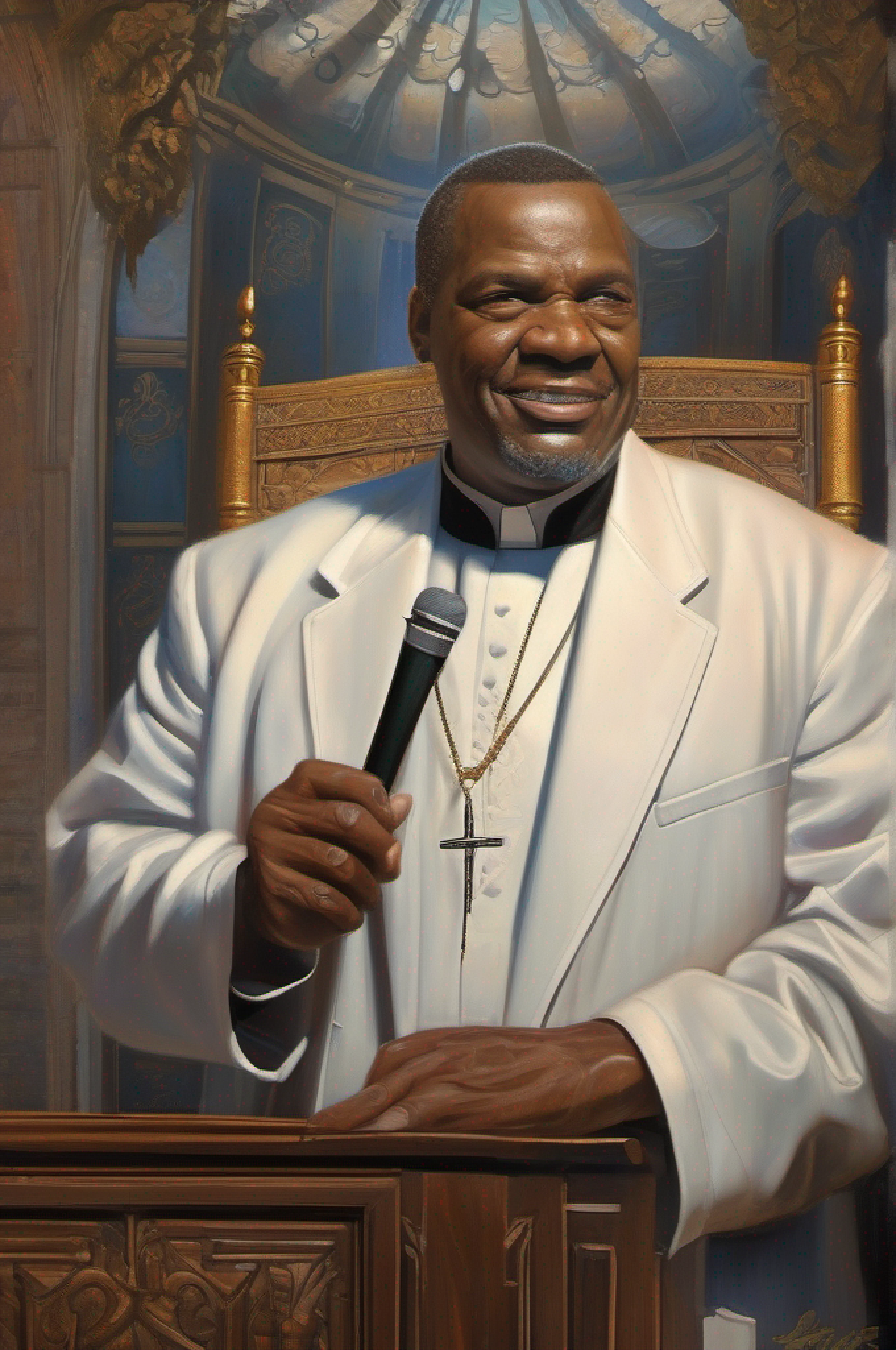 super realistic, painting in the style of Ralph Horsley, "an African American preacher in the pulpit" by Christophe Jacreau and Paul Hedley, sf, intricate artwork masterpiece, matte painting movie poster, golden ratio, trending on cgsociety, by h. r. giger and beksinski, highly detailed,