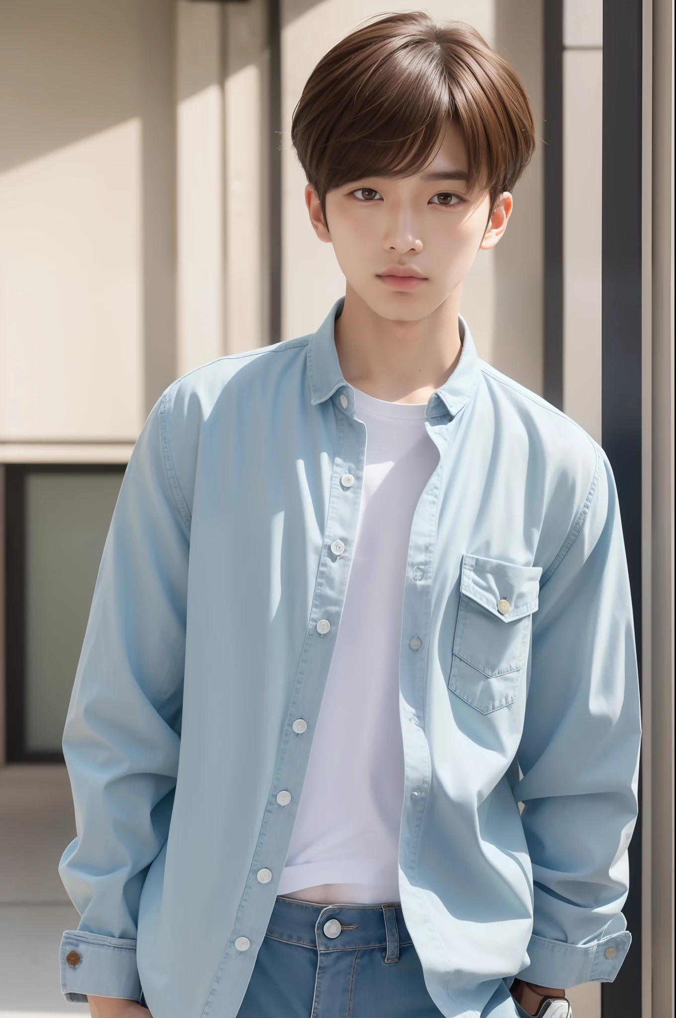 Portrait of a 20-year-old Japan male idol painted in spring business style/Summer. Wearing a light blue Uniqlo button-up shirt, Slim Fit Zara Pants, and white Converse sneakers. Combination with Seiko casual watches. The face is young々Reflects energy and trendiness, Fresh look. Spring Perm Hairstyles/Summer. Trendy undercut with light brown highlights, Styling with Light Hold Gel. This style is、His youth々Emphasis on energetic personality. Faces convey fun, Fresh and modern look.