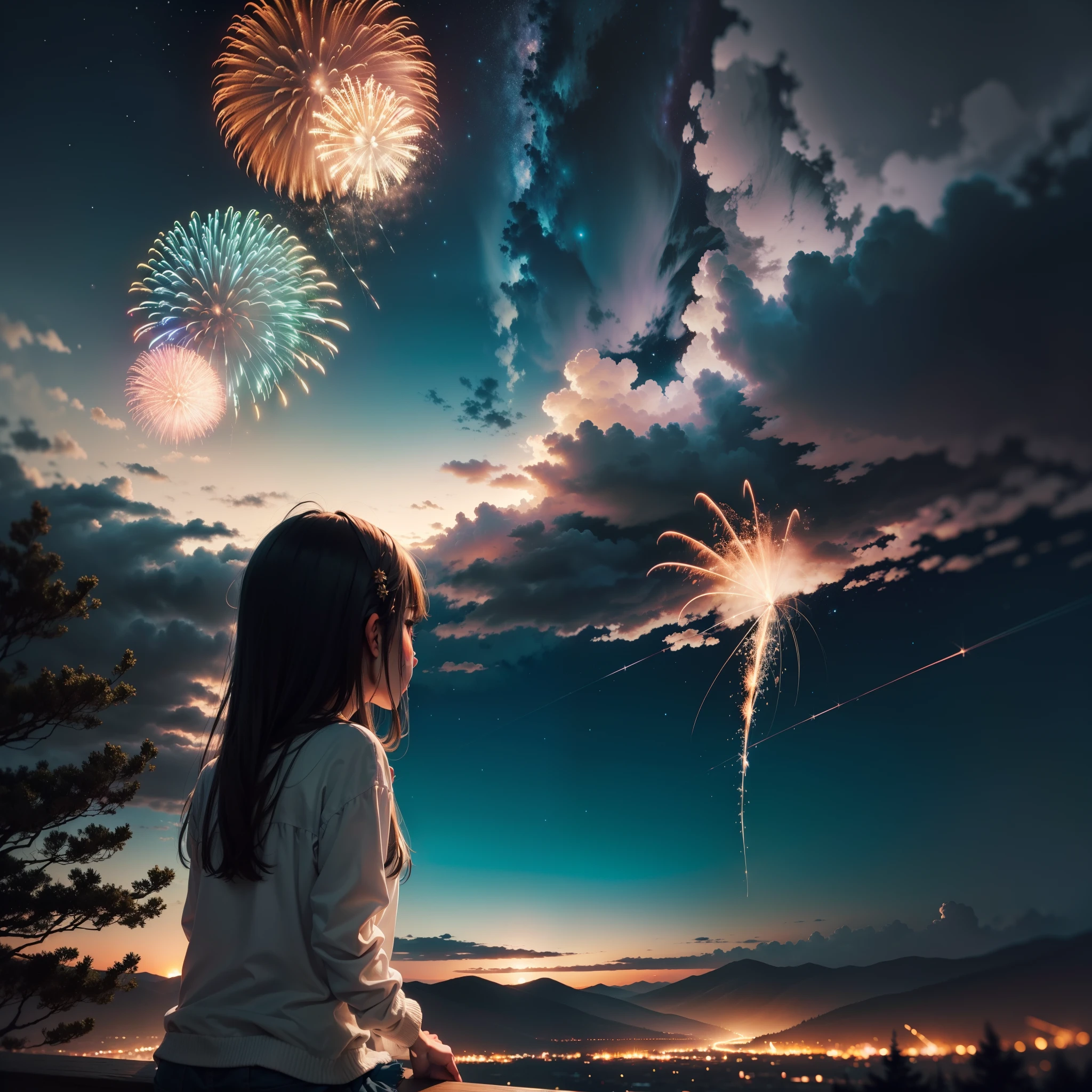 Night sky with fireworks, With Van Gogh starry night painting style, Rolling hills in the background, Fireworks。One of the girls loomed