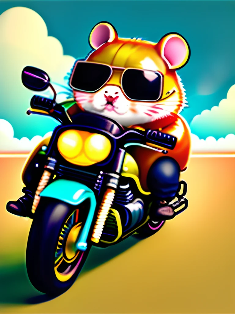 A cute monkey riding a motorcycle, surrounded by a lot of cheetos puffs, side view, facing camera, cartoon style, 8k