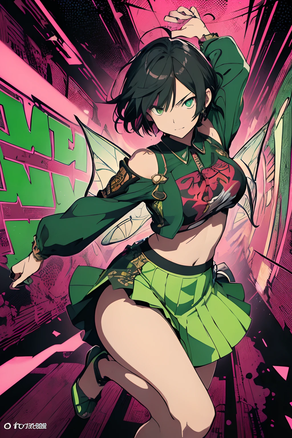 ((((dramatic))), (((gritty))), (((intense))) film poster, ((Best Quality)) ((Masterpiece)) 1girl, 19 year old, black hair, pixie bob haircut, flirty smirk ((( light green fairy straplessdress ))) (((mini skirt))) ((( upskirt ))) ((slender)) (busty) ((sexy dress)) 6 and a half heads full body The color palette is mainly dark with splashes of vibrant colors, giving the poster a dynamic and visually striking appearance,tachi-e , revealing, large breasts, young beautiful girl, ultra detailed, official art, unity 8k wallpaper, BREAK, neon lighting, (vibrant brightness): 1.2, dynamic colors, striking contrast, futuristic vibration, electric power, reflective surfaces, masterpiece, best quality, ultra-detailed, illustration, 1girl, solo, background, mixed-language_text, japanese letters in graffit, girls, excellent lighting, sidelighting, (), vhsKeeper,, style GUILTY GEAR -STRIVE perfect(flat color: 1.3), (magazine_cover: 1.4), (multicolored_background: 1.3), striped_background, card_background, :: comix style by Joe Madureira :: , perfect and detailed, ultra detailed shirt with abstract design, with Japanese letters print in graffit of the sides of the clothing, image of full-body girls fighting, next to you with powerful dragons versus alien creature full of tentacles , with immersive effects, hover effect, background style graffiti tribal tattoo with vibrant colors "ultra hdr" detailed and with focus effect, (masterpiece: 1.2, best quality), (finely detailed beautiful eyes: 1.2), , ((Solo)), (Finely detailed eyes and detailed face: 1.3), in various full-body attack poses, (cute background: 1.2),futuristic costume, Super detailed circular metals Clinging to the arms and pants, fantastic paintings
