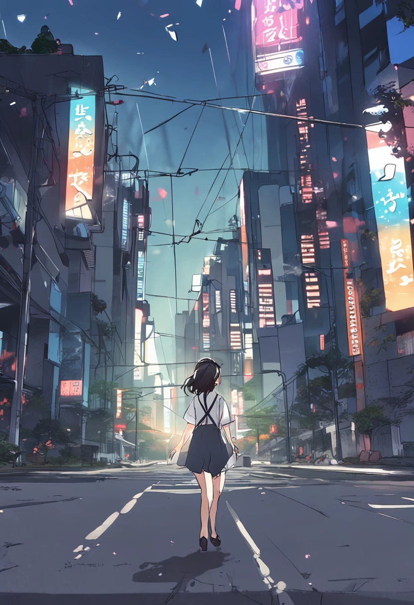 Urban background、Woman smiling at me as she turns around、、A dark-haired、White shirt dress、starrysky、2 days and months、Dreamy scenery、From a distance、Building Street、near future、the wind、TOKYOcty、high-heels
