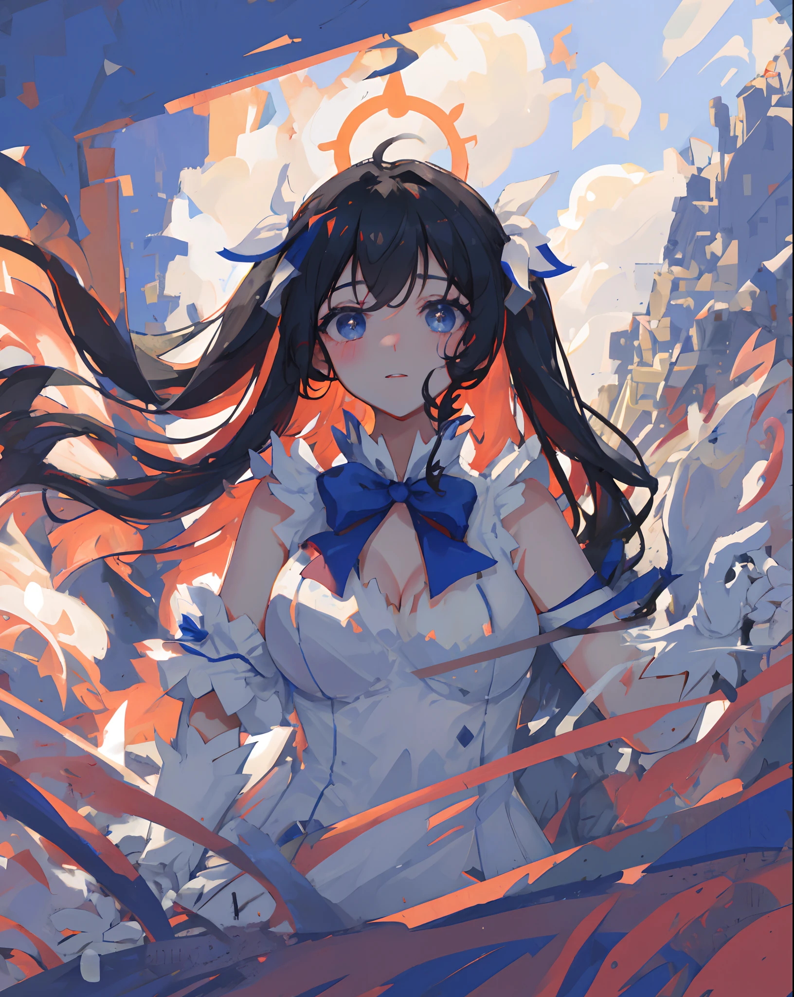 mksks style, masterpiece, best quality, long eyelashes, eyeliner, eyeshadow, mascara, colorful, pink lips, deep skin, looking at viewer, upper body, curvy, hestia (danmachi), 1girl, breasts, solo, long hair, blue ribbon, twintails, gloves, ribbon, dress, rei no himo, large breasts, blue eyes, black hair, white gloves, cleavage, white dress, looking at viewer, light smile, closed mouth, hair ribbon, bow, sleeveless, sleeveless dress, bangs, blush, cleavage cutout, hair ornament, bowtie, clothing cutout, very long hair, covered navel, arm ribbon, shiny skin, outdoors, grassy fields, blue sky, cloudy sky, tight, taut dress, breast focus, upper body,