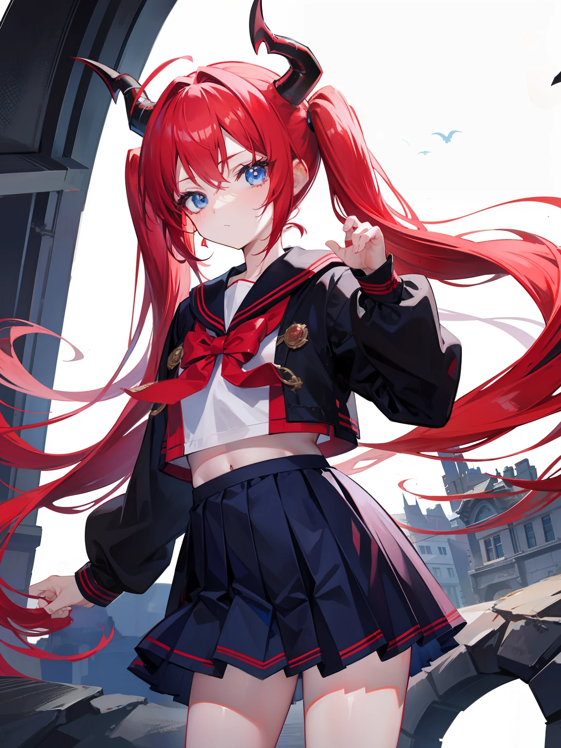 red hair, blue eyes, twintails, Sailor suit,black coat, Dragon horns,Pleated skirt,solo,loli,cute,bow
