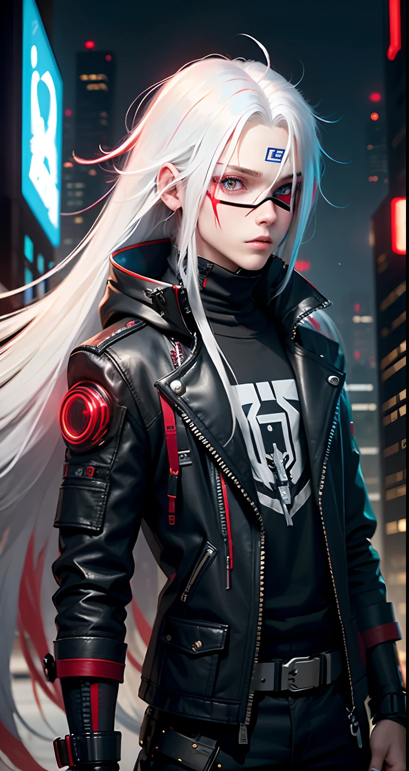 boy, Cyberpunk, wearing mask, long white hair with red locks, blue eyes, 16 years old