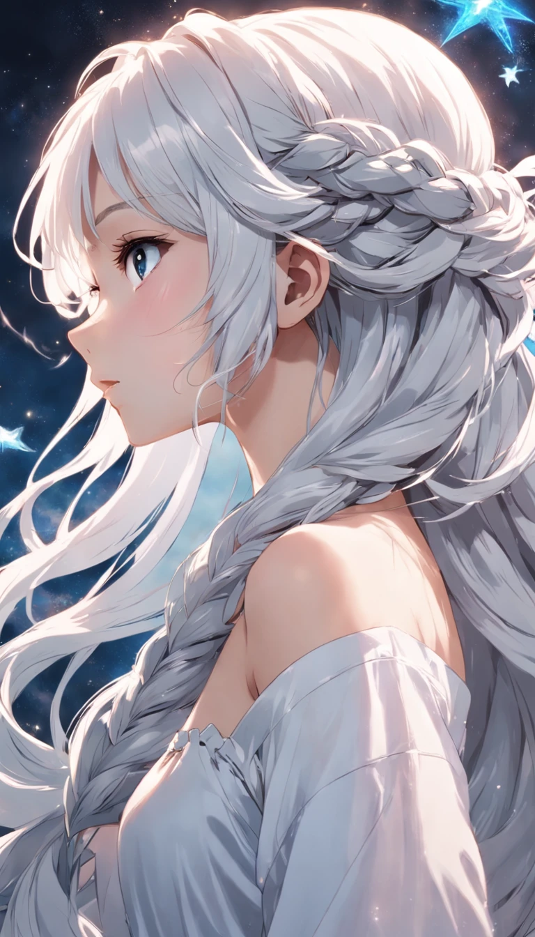 A girl with long white hair with a thin twisted braid on the right side with long white hair is a gray-blue eye of an eight-pointed star
