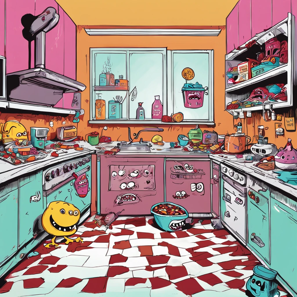 monstros feitos de doces ocupam uma cozinha abandonada, Monsters are made of candy and have scary teeth and eyes, The kitchen has been abandoned for many years and is very dirty, There are ketchup marks on the floor and walls, melhor qualidade, master part, ultrahigh-resolution