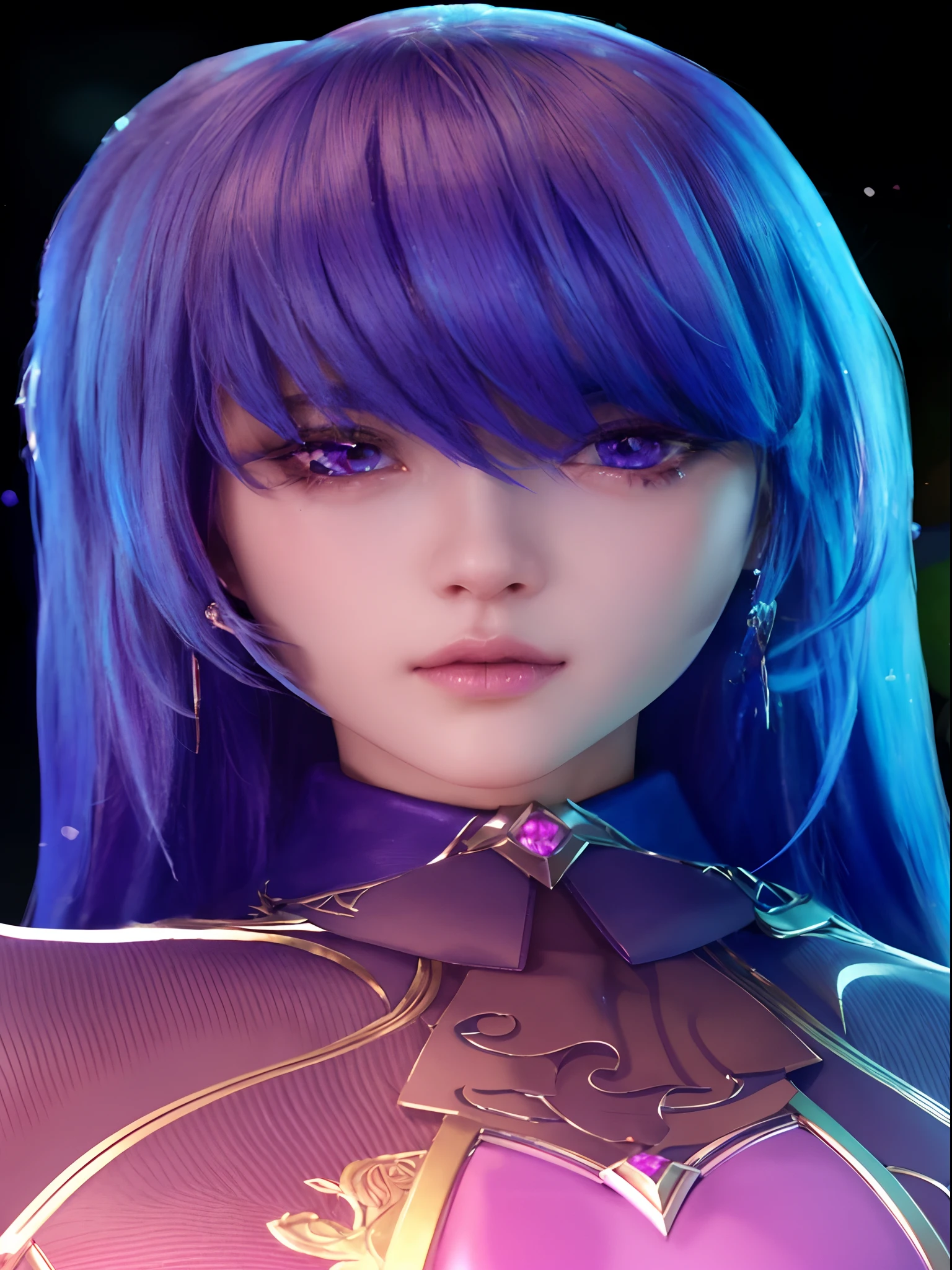 a close up of a woman with blue hair and purple eyes, portrait knights of zodiac girl, artgerm ; 3d unreal engine, intricate ornate anime cgi style, 8k artgerm bokeh, game cg, 8k high quality detailed art, anime styled 3d, 3 d anime realistic, photorealistic anime girl render, detailed digital anime art